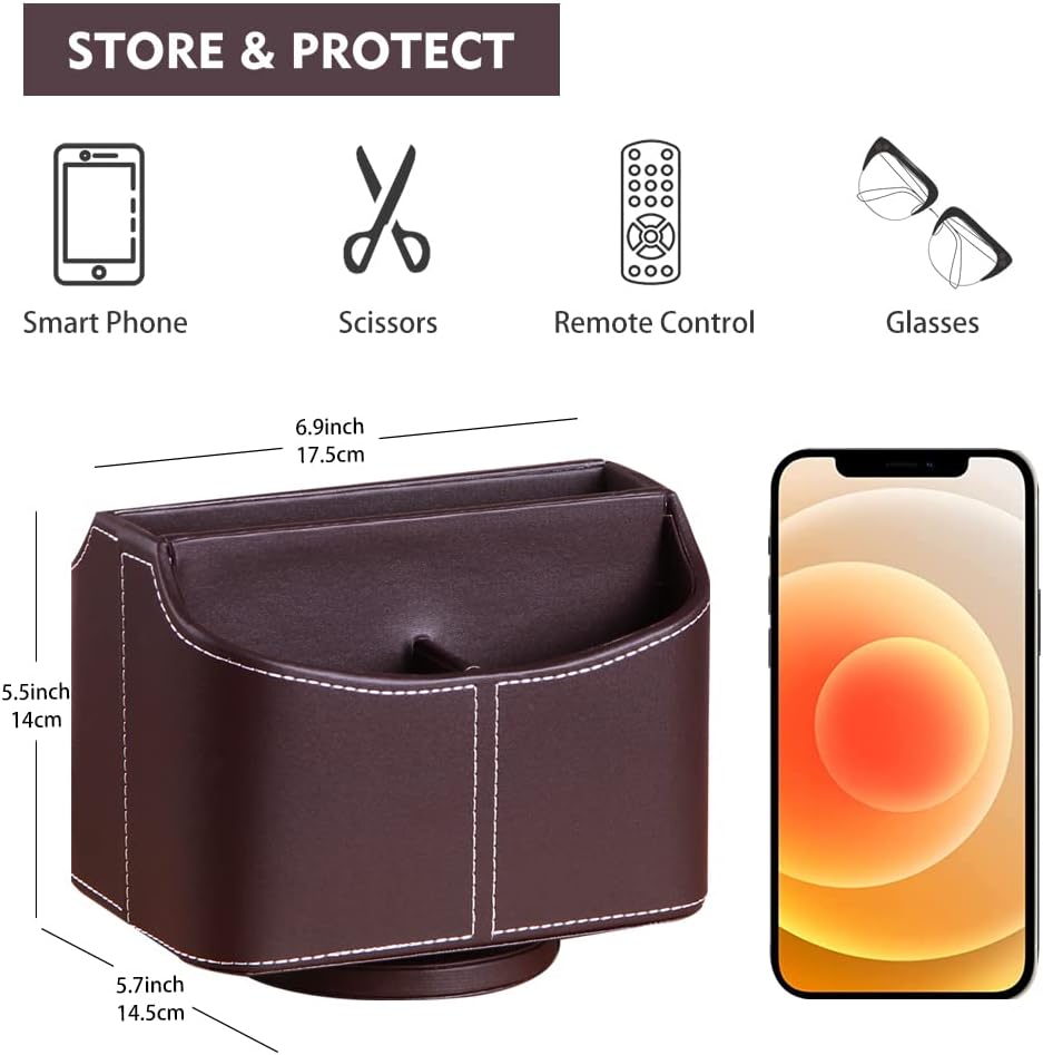 Fanousy 360° Rotating Remote Control Holder, PU Leather TV Remote Caddy Organizer Basket Storage Box with 5 Compartments for Pen, Pencil, Art Supplies, Makeup Brush, Office Desk Table Accessories