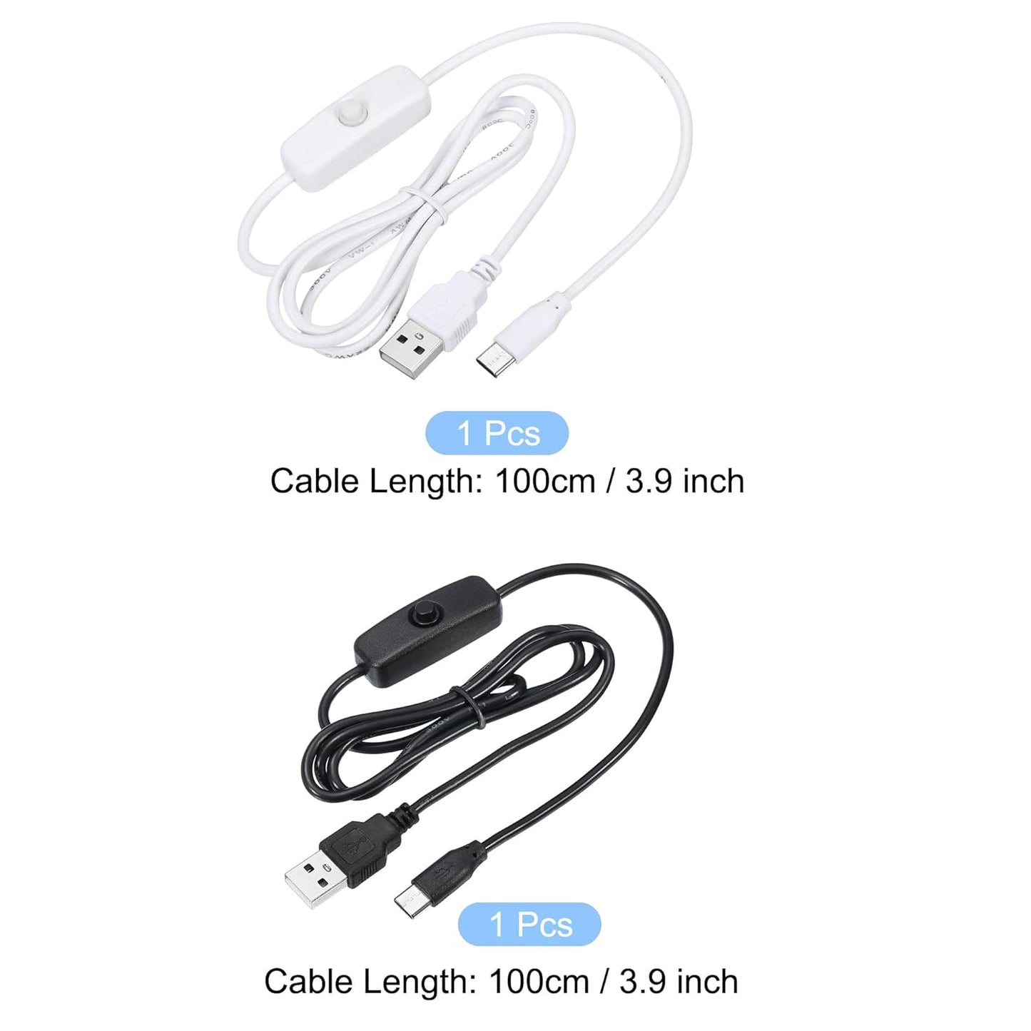 MECCANIXITY USB Cable with 501 ON/Off Switch, USB Male to USB Type C Male Power Cable 100cm for LED Desk Lamp LED Strip Black White 1 Set