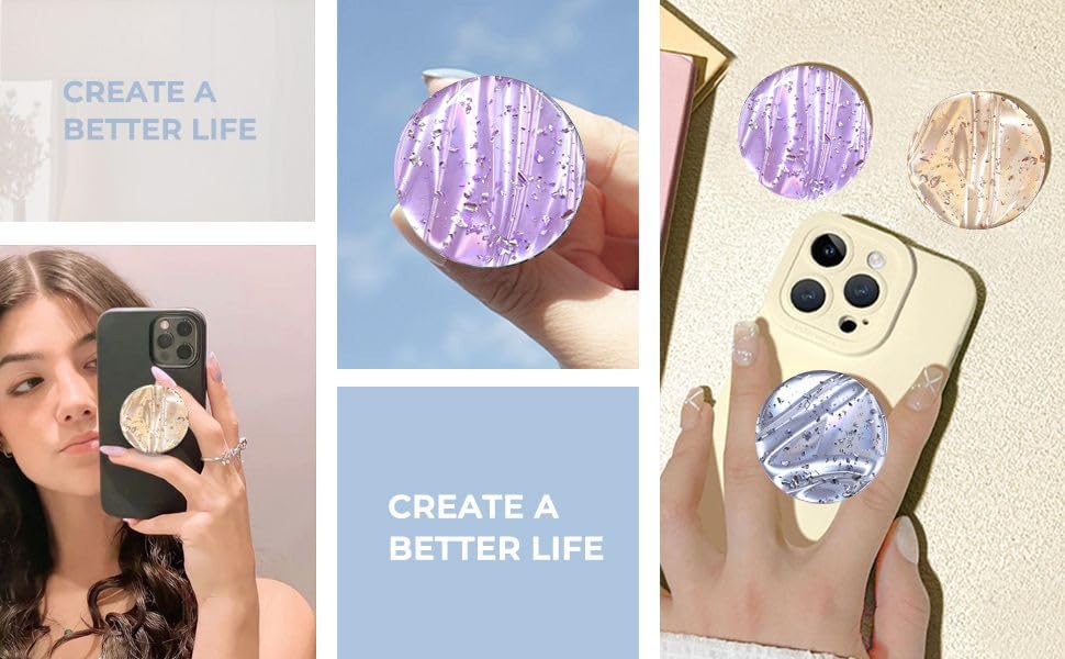 3 Pack Fashionable Clear Glitter Expandible Collapsible Moblile Phone Grip Stand Holder for Smartphones and Tablets Cell Phone Accessory- 2 (Mix Colorful Glitter Silvery Purple)