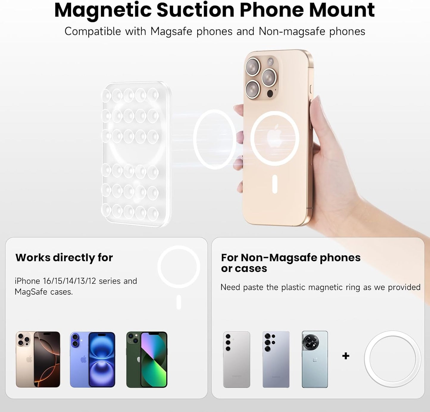Patented Magnetic Sticky Phone Suction Grip Mount for MagSafe Case,Magnet Silicone Portable Stand Holder for iPhone 16/15/14/13/12 Series and Android, Hands-Free Selfies and Videos,Transparent