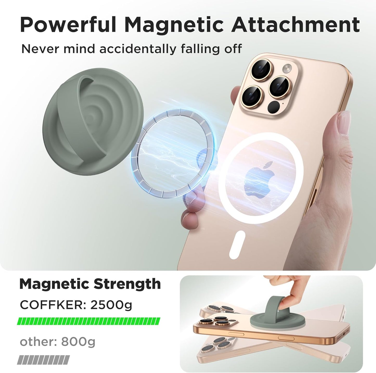 Magnetic Phone Ring Grip Holder, Silicone Finger Loop Grip, Compatible with MasSafe, Back of Phone for iPhone Pro Max/Plus/16/15/15/14/13/12 Series, Calke Green
