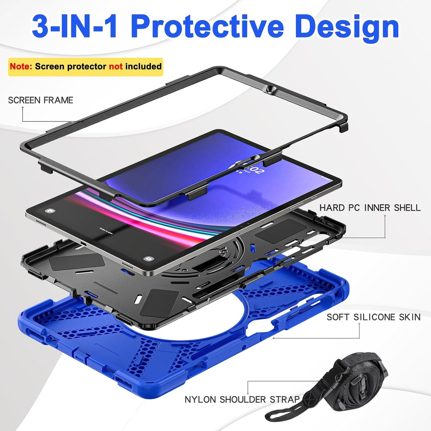 BRAECN for Galaxy Tab S10+Plus/ S9+/S9 FE+/S8+12.4 Inch Case,Heavy Duty Tablet Case with 360 Rotating Stand &Hand Strap, Built-in S Pen Holder, Shoulder Strap for Samsung Galaxy Tab S9 Plus -Blue