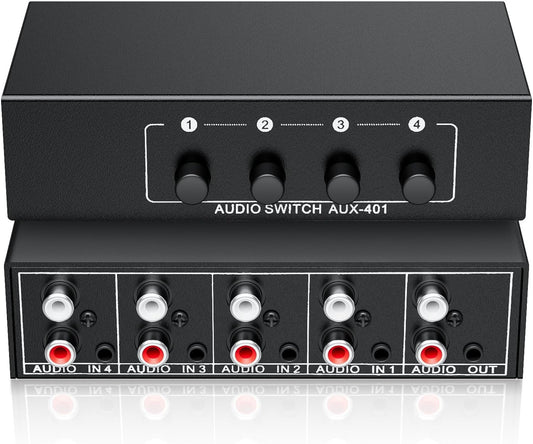 3.5mm Aux + RCA L/R Audio Switch Box 4 in 1 Out Bidirectional, BolAAzuL Stereo Audio Switcher Selector 4X1 Passive a/b Analog Audio Selector No Power Need
