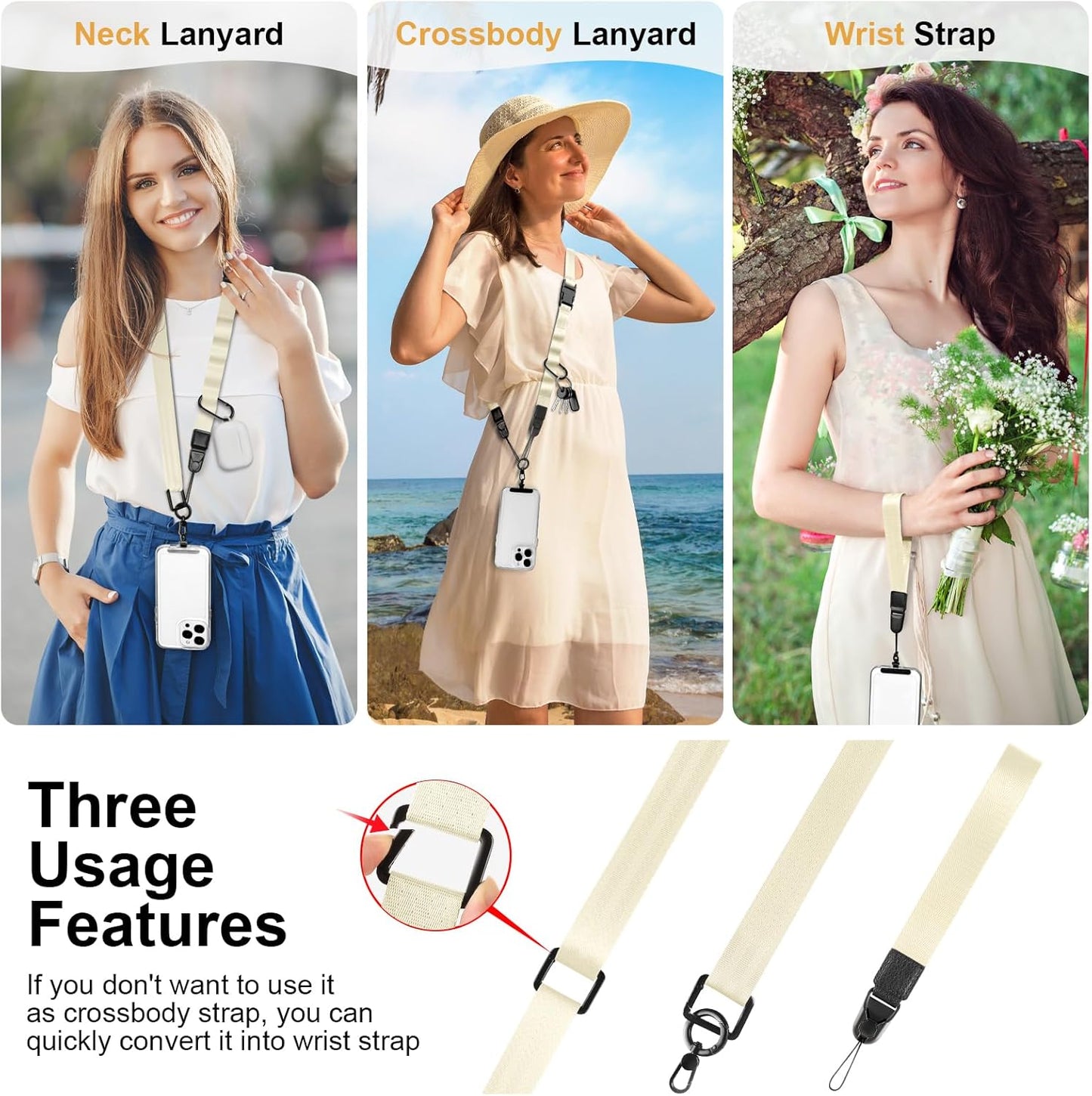 Adjustable Crossbody Phone Lanyard, Universal Phone Wrist Strap and Phone Neck Strap with Tether Tab, Phone Lanyard with Quick Release, Suitable for iPhone and Most Smartphones, Off White