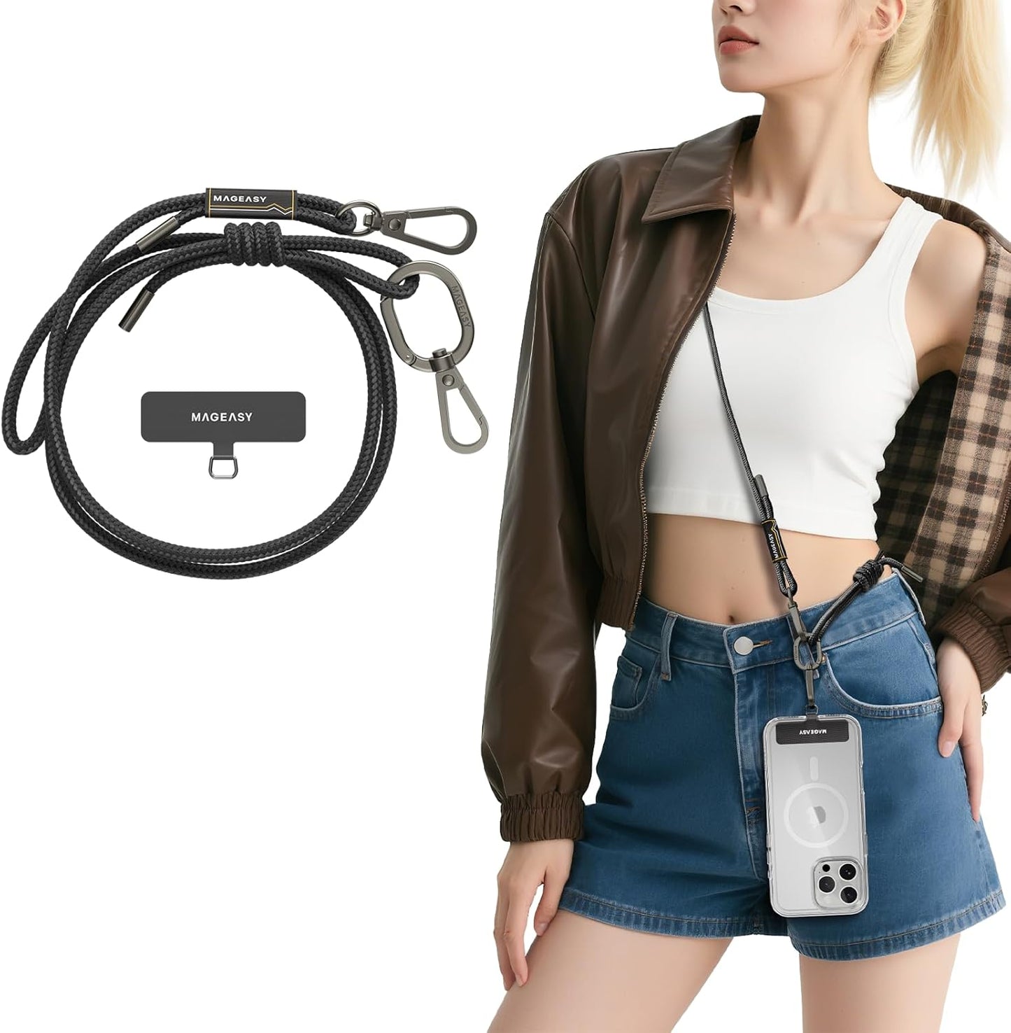 MAGEASY Universal Cell Phone Lanyard - Anti-Theft Rope Crossbody Phone Strap for iPhone 16 Pro Max & Most Smartphones, for Men & Women | 6mm Black