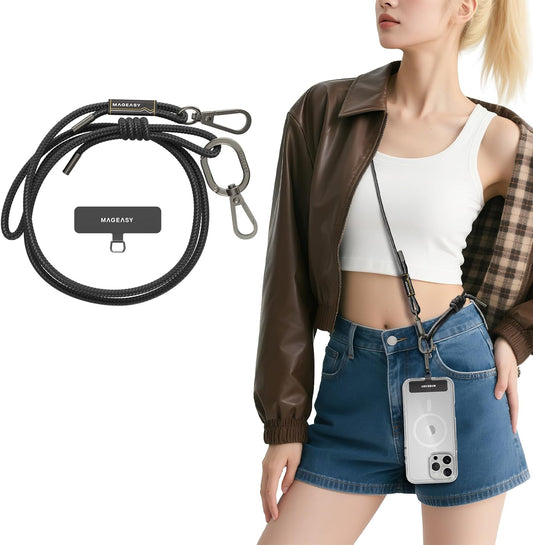 MAGEASY Universal Cell Phone Lanyard - Anti-Theft Rope Crossbody Phone Strap for iPhone 16 Pro Max & Most Smartphones, for Men & Women | 6mm Black