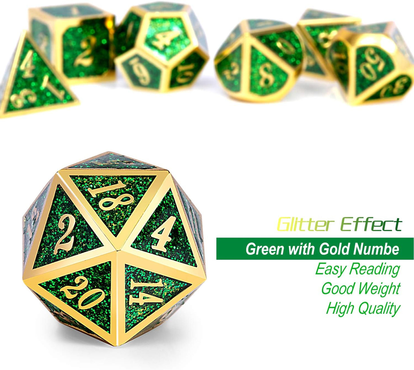 DNDND Metal Dice Set D&D,Glitter Green Heavy DND Dice with Free Metal Case for Role Playing Games Dungeons and Dragons