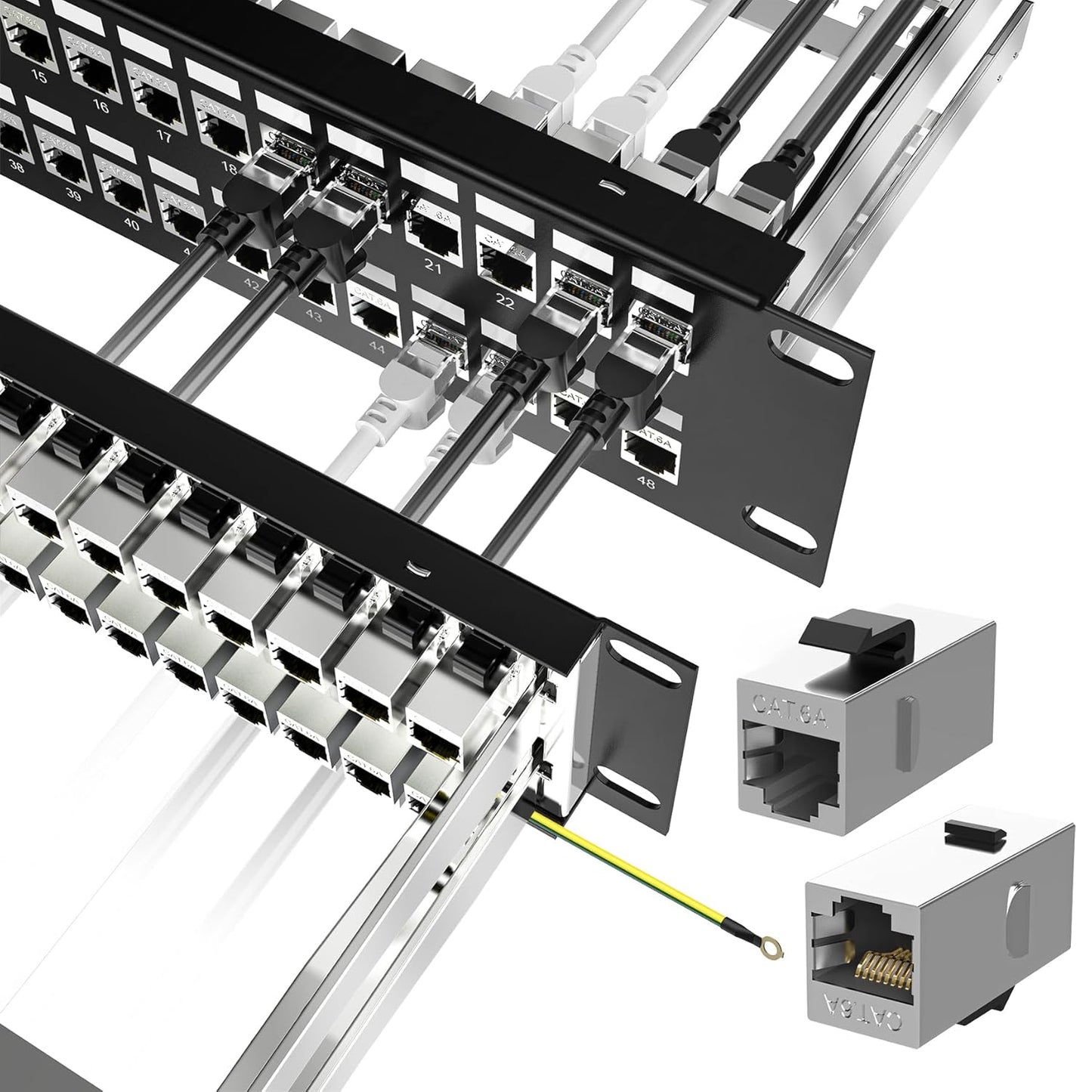 Jadaol 48 Port Shielded Patch Panel Rack or Wall Mount 19-Inch, 2U Cat6A Network Panel Preloaded with 48 Keystone Couplers Plus 2 Spare, 10Gbps Ethernet Panel with Cable Management & Back Support Bar