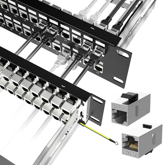 Jadaol 48 Port Shielded Patch Panel Rack or Wall Mount 19-Inch, 2U Cat6A Network Panel Preloaded with 48 Keystone Couplers Plus 2 Spare, 10Gbps Ethernet Panel with Cable Management & Back Support Bar
