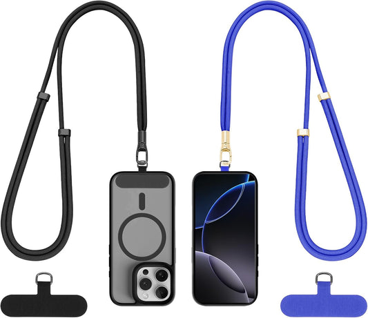 Phone Lanyard 2 Pack, 2x Adjustable Crossbody Phone Strap, 2x Tether Tab, Anti-theft Universal Cellphone Multifuctional Patch Lanyards for iPhone & Most Smartphones, Blue+Black