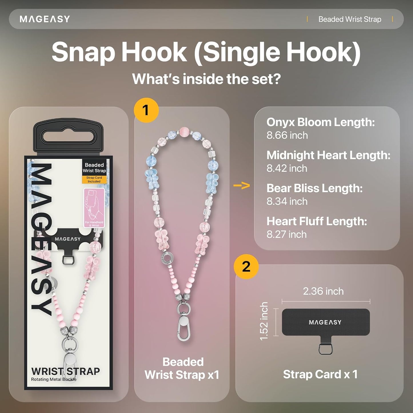 MAGEASY Beaded Phone Charm for Women - Cell Phone Wrist Strap with Teather Tab, Designed for iPhone & Android Phones, Keychain, Camera - Midnight Heart