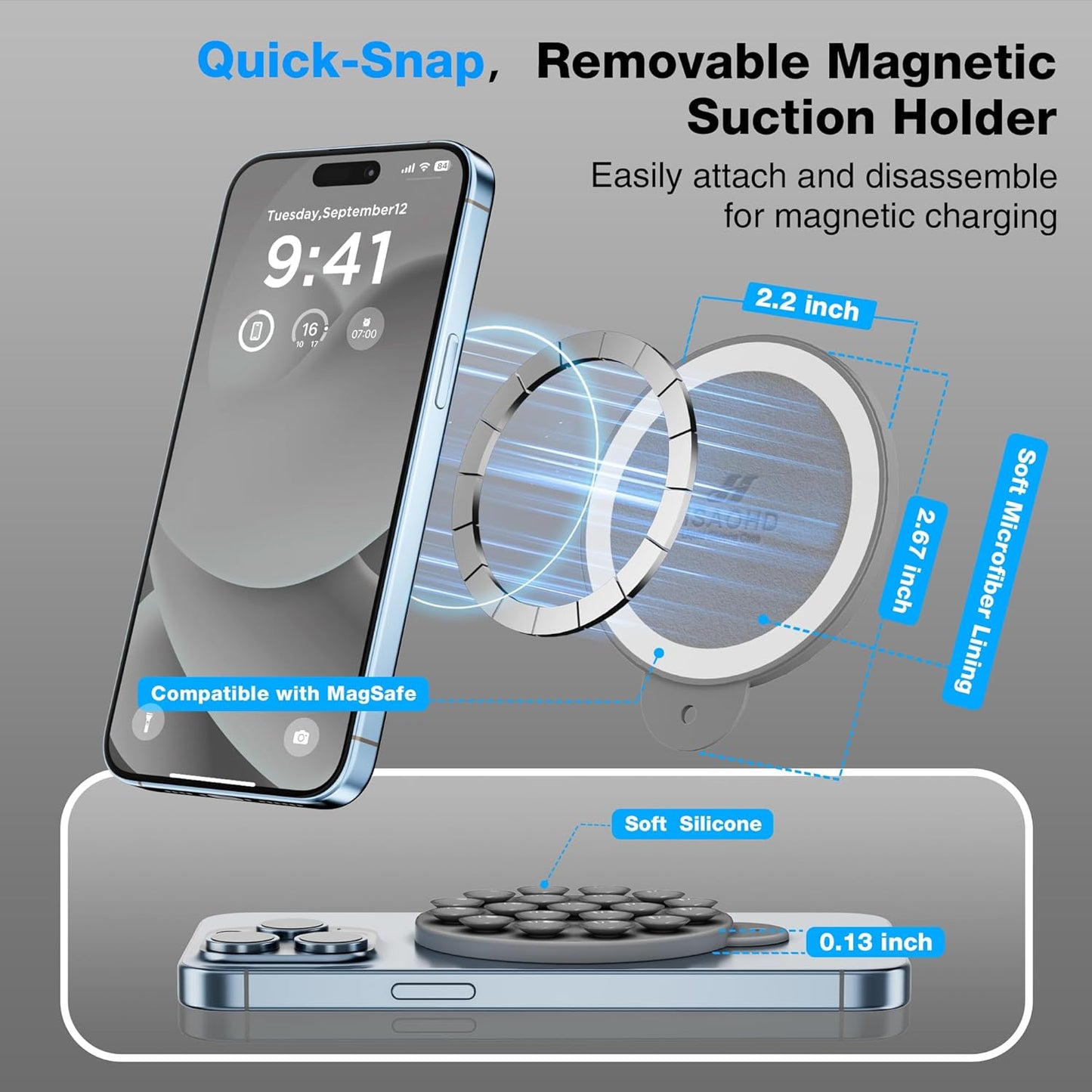 Magnetic Suction Cup Mount for MagSafe Case, Silicone Hands-Free Grip Holder for iPhone and Android, Mirror Shower Phone Stand for Makeup FaceTime Gym Kitchen Bathroom, Gray