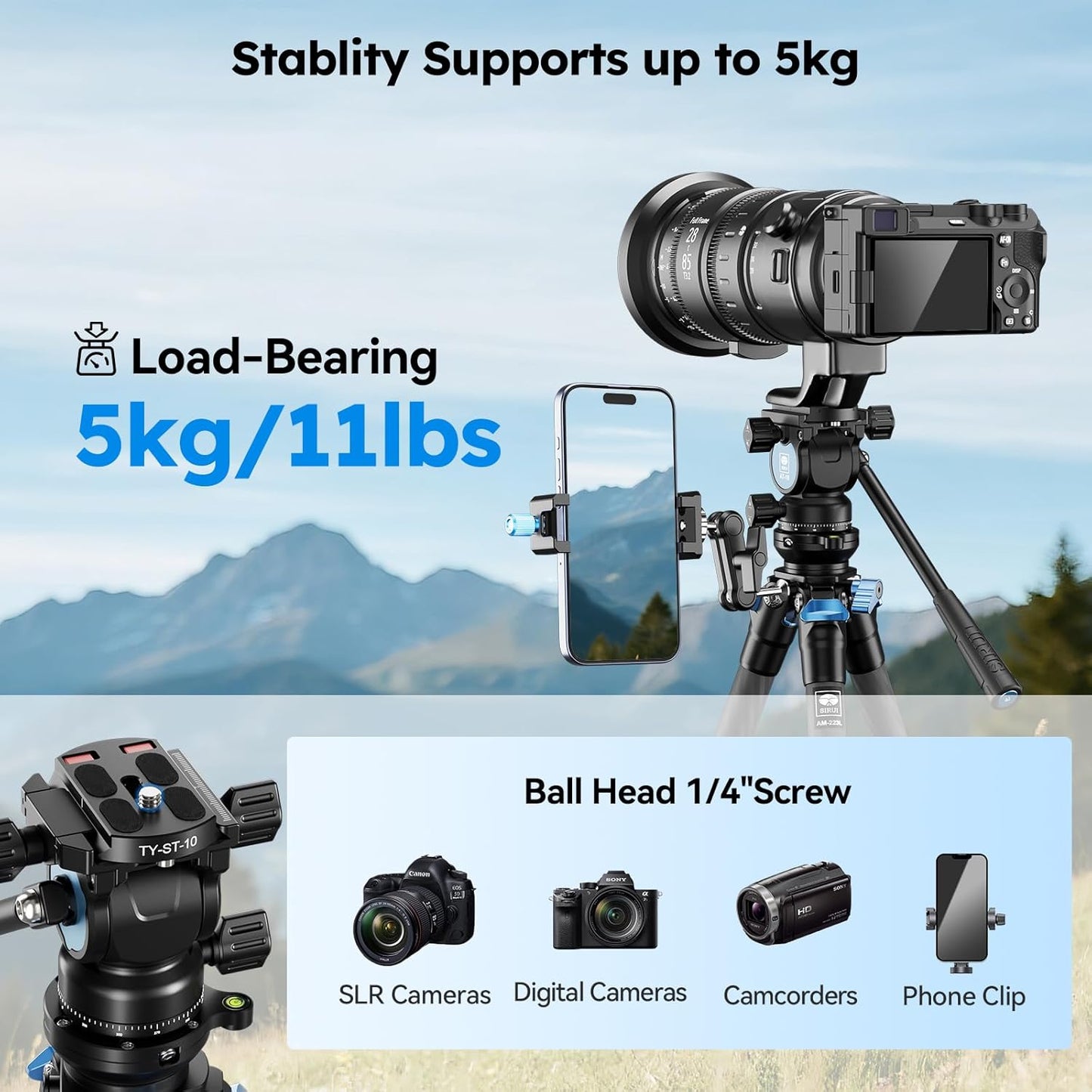 SIRUI AM-223L Carbon Fiber Mini Tabletop Tripod Kit, Compact Lightweight with AT-10 Fulid Video Head, Max Load 5kg/11.02lb for Cameras, DSLR (AM-223L+AT-10)