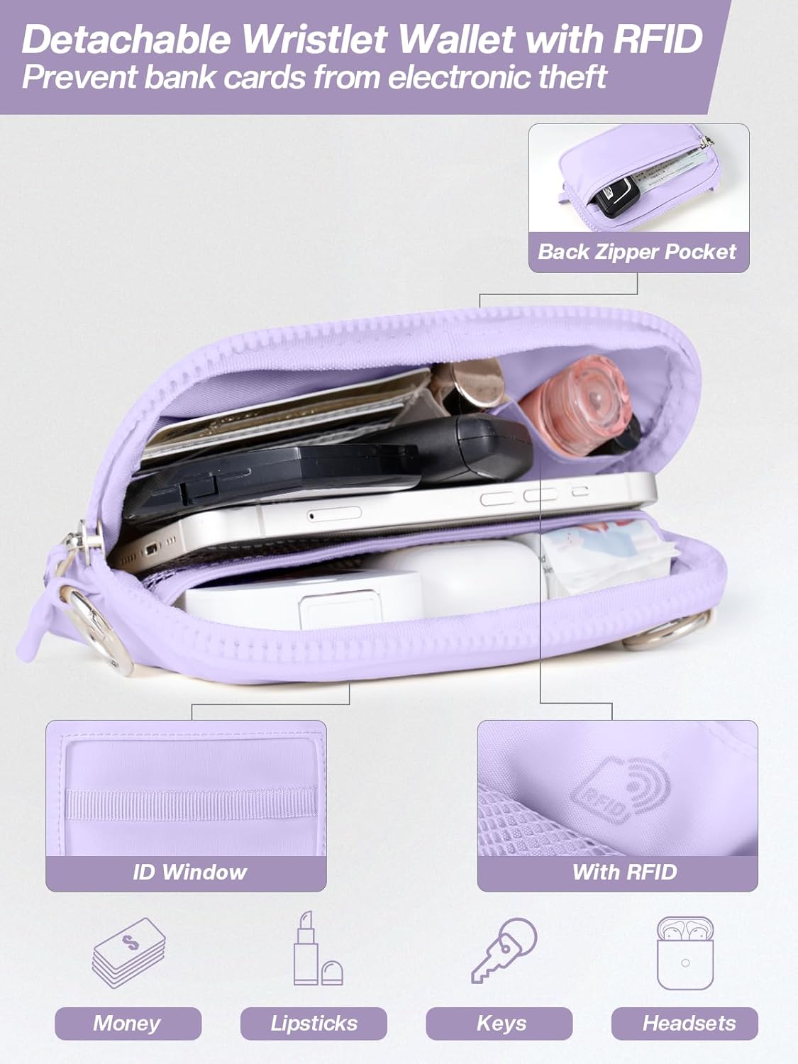 Clip and Go Strap for Phone with Wallet Crossbody Phone Lanyard Adjustable and Detachable RFID Wristlet Wallet with ID Window and Zipper, Purple Large.