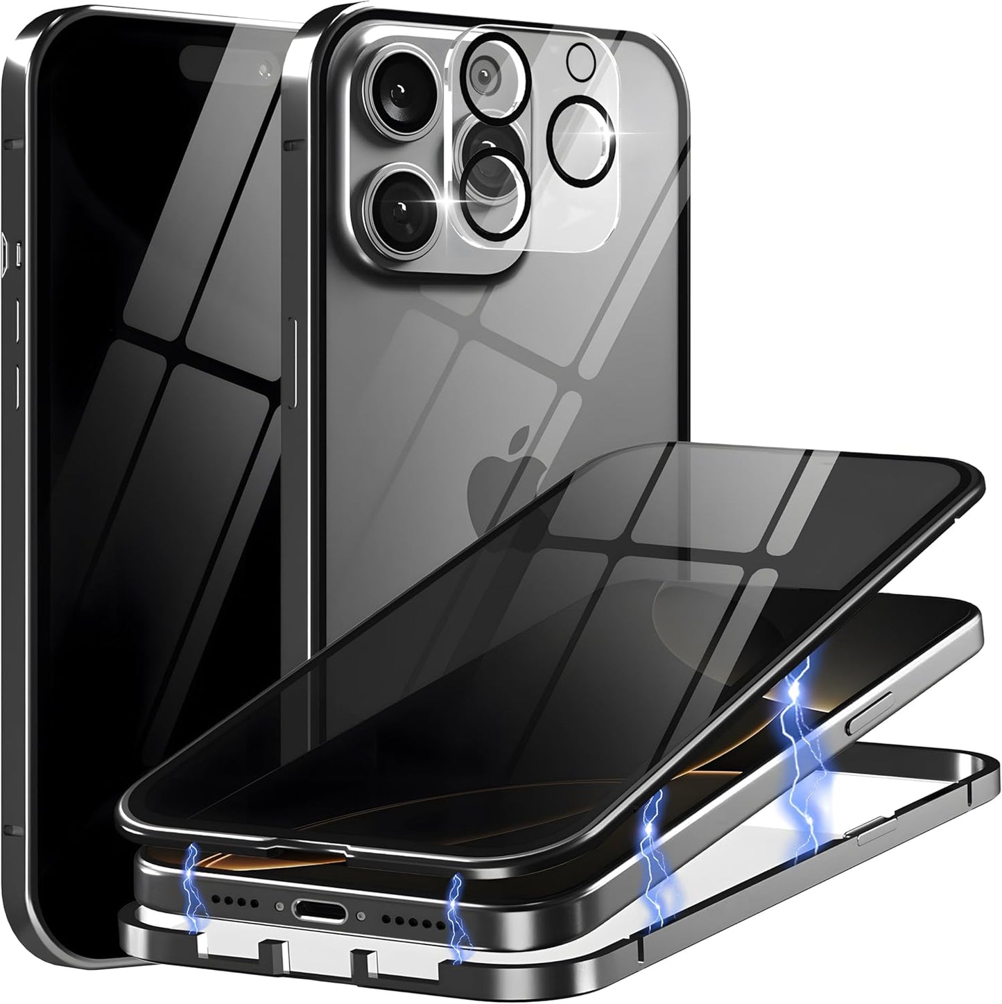 Privacy Magnetic Case for iPhone 16 Pro with Metal Titanium Frame Privacy Screen Protector & Camera Lens Protector, Magnetic Adsorption Double Sided Glass Case Anti Peep Anti Spy Phone Cover
