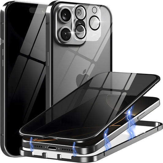 Privacy Magnetic Case for iPhone 16 Pro with Metal Titanium Frame Privacy Screen Protector & Camera Lens Protector, Magnetic Adsorption Double Sided Glass Case Anti Peep Anti Spy Phone Cover