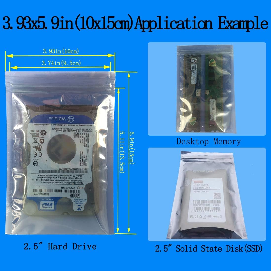 Anti Static Bags,ESD Bags,100pcs Mixed Sizes Antistatic Resealable Bag for 3.5 Hard Drive, 2.5 Solid State Drive with Labels, ESD Shielding Bag for Varieties of Electronic Device