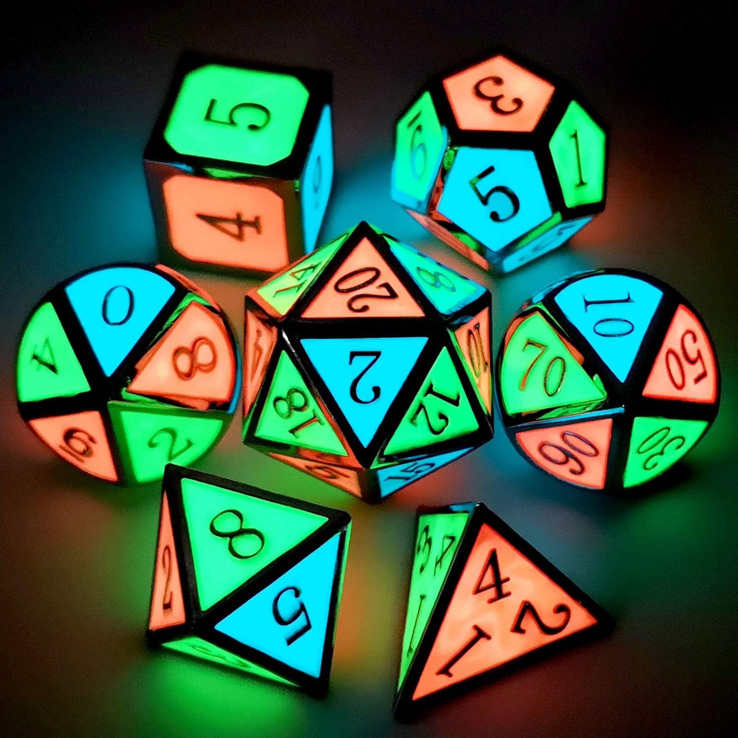 Haxtec Glow in The Dark Glowing Blue Red Green Silver Metal Dice Set D&D 7PCS DND Dice Set Compatible with Dungeons and Dragons RPG Games-Silver Glowing Blue Green Red
