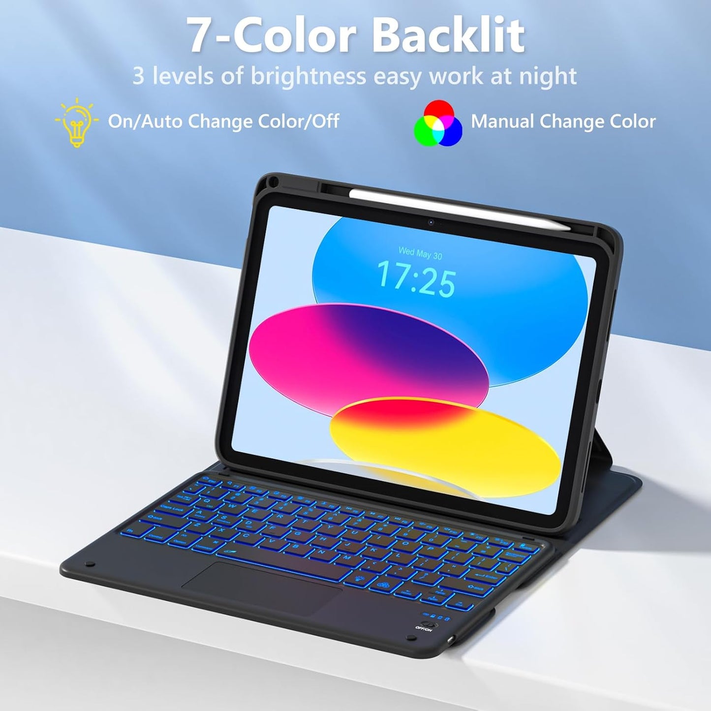 TaIYanG Touchpad for iPad A16 11th/10th Generation Case with Keyboard, 7 Color Backlit 360 Rotation Cover with Pencil Holder,Detachable Keyboard for iPad 11 inch 2025/10th Gen 10.9'' 2022 (Black)