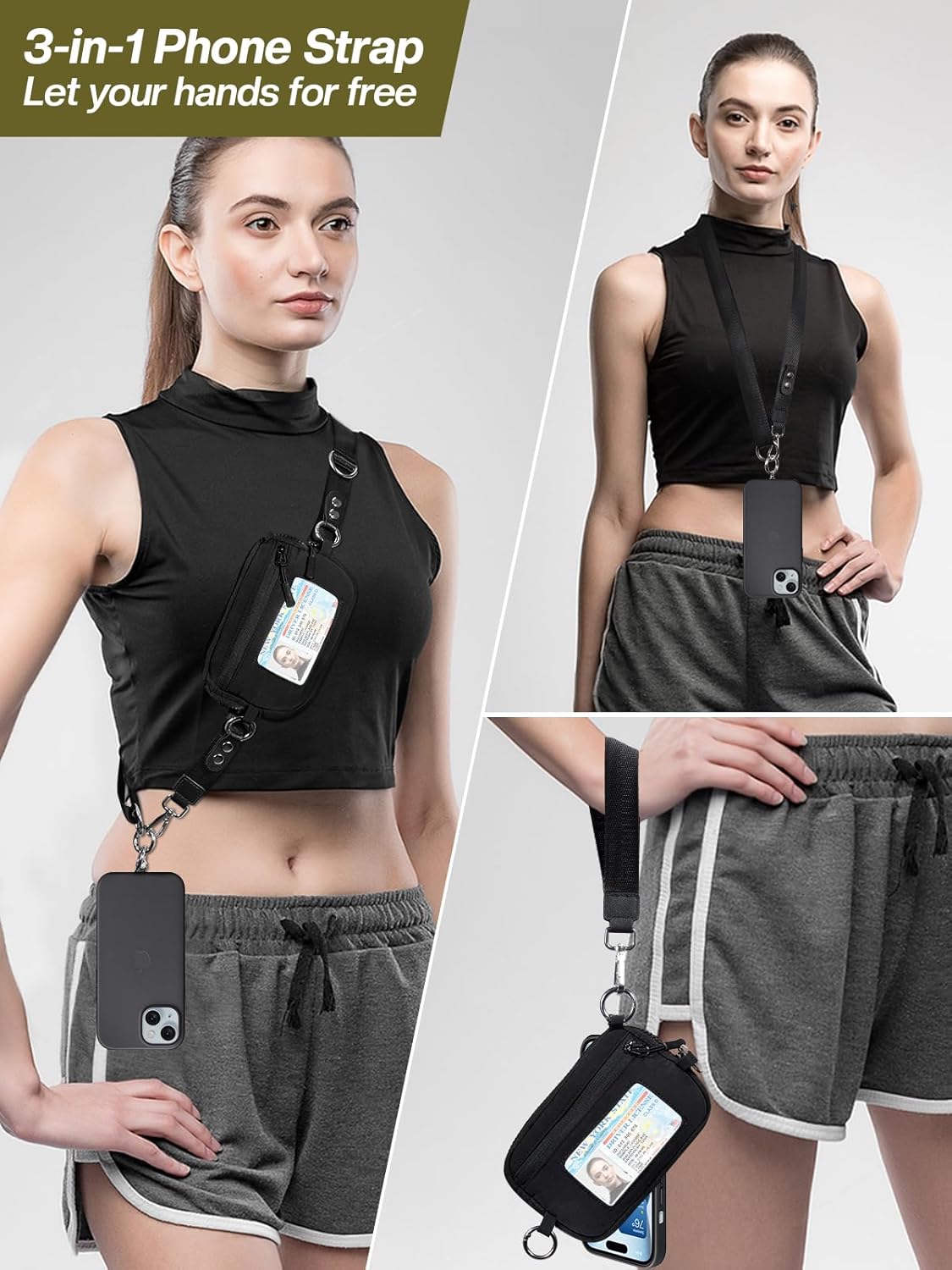 Clip and Go Strap for Phone with Wallet Crossbody Phone Lanyard Adjustable and Detachable RFID Wristlet Wallet with ID Window and Zipper, Black