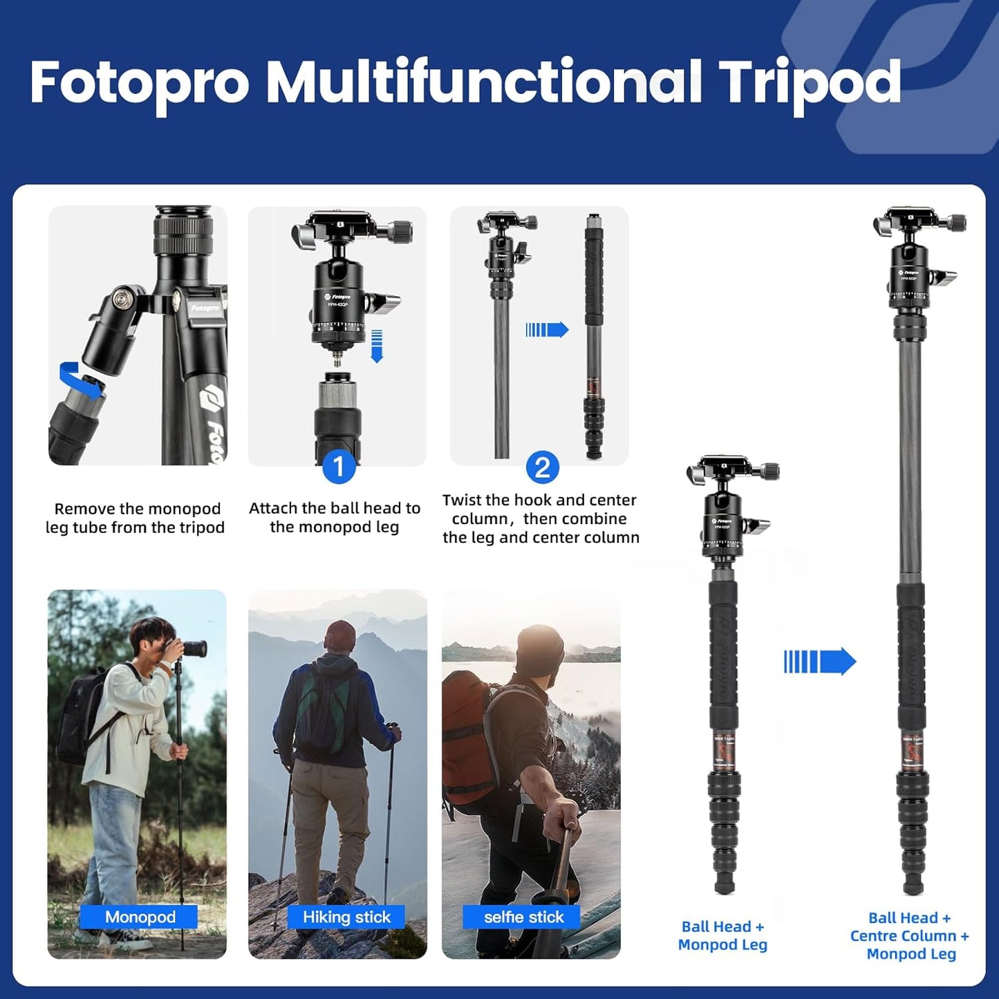 Fotopro 59" Carbon Fiber Travel Tripod, Lightweight Compact Camera Tripod with Ball Head Quick Release Plate, Compact Detachable Monopod with Carry Bag, Load up to 8KG/17.63lbs