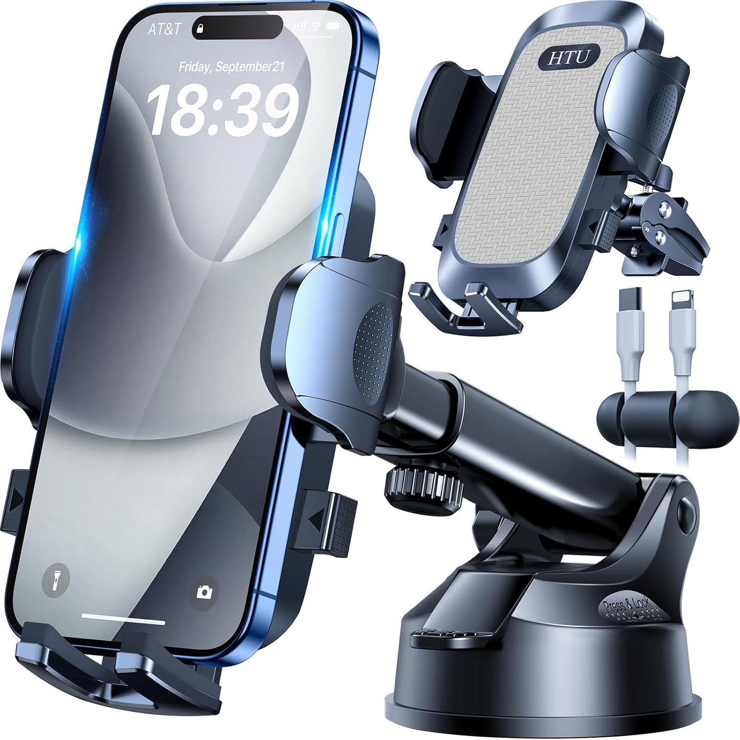 HTU [True Military-Grade] 2025 Upgraded Car Phone Holder 【Safety Certs & No Smell】 Cell Phone Holder for Car Mount for Dashboard Windshield Air Vent Long Arm Thick Case,Grey