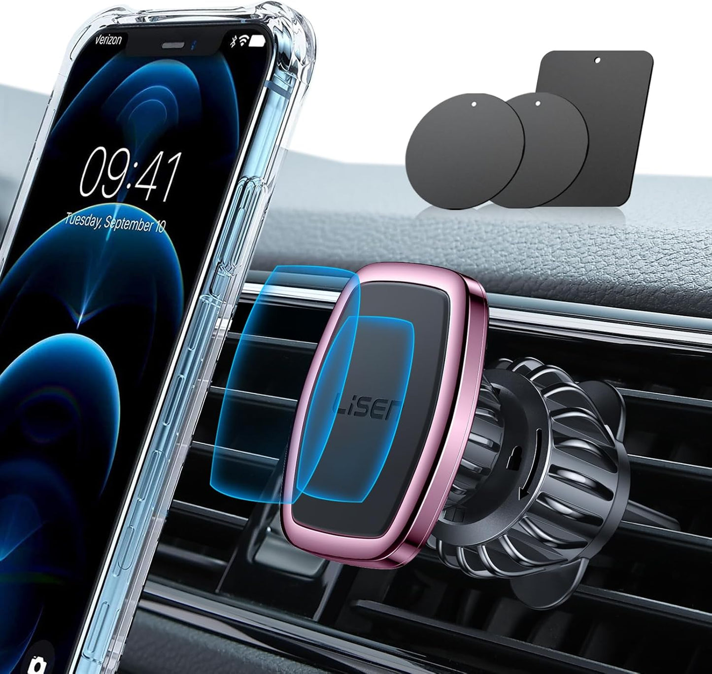 LISEN Magnetic Phone Holder for Car, [Easily Install] Car Phone Holder Mount [6 Strong Magnets] Cell Phone Holder for Car [Case Friendly] iPhone Car Holder Blue LV633