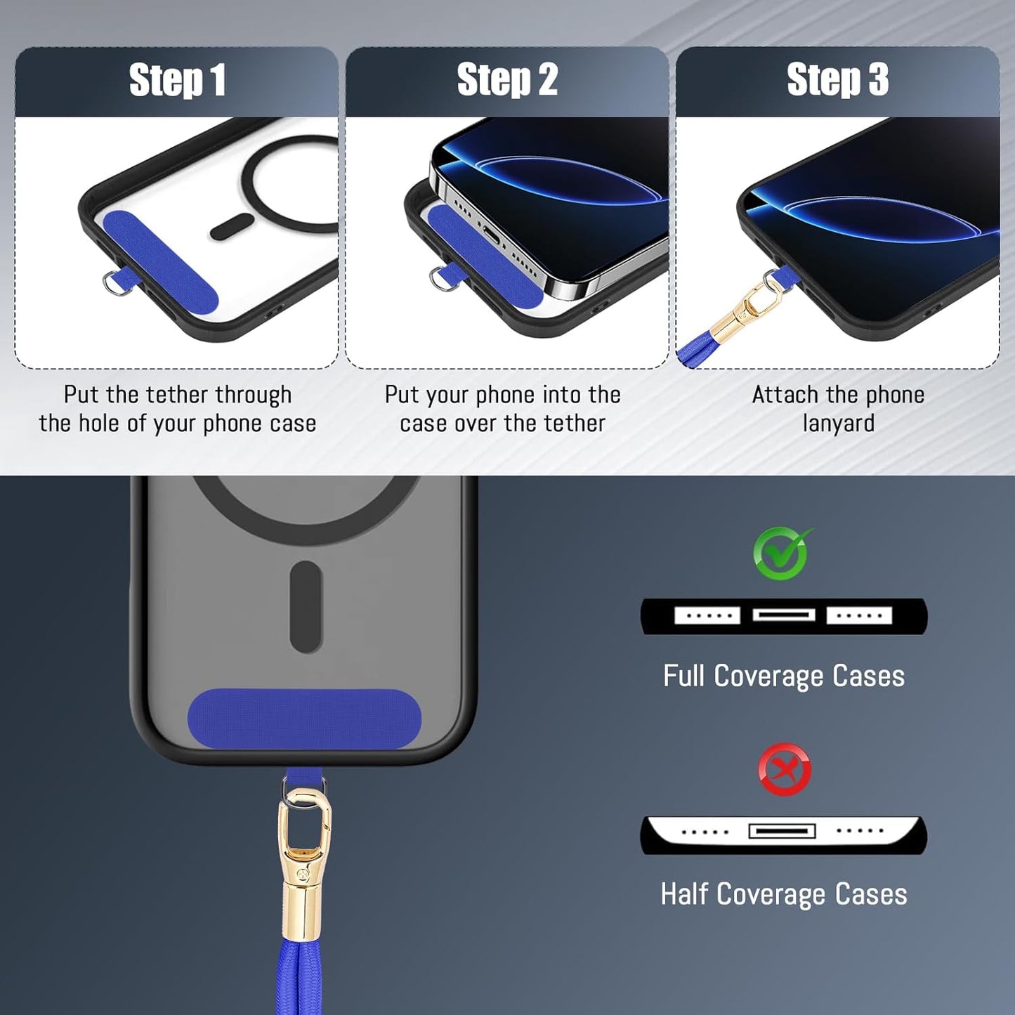 Phone Lanyard 2 Pack, 2x Adjustable Crossbody Phone Strap, 2x Tether Tab, Anti-theft Universal Cellphone Multifuctional Patch Lanyards for iPhone & Most Smartphones, Blue+Black