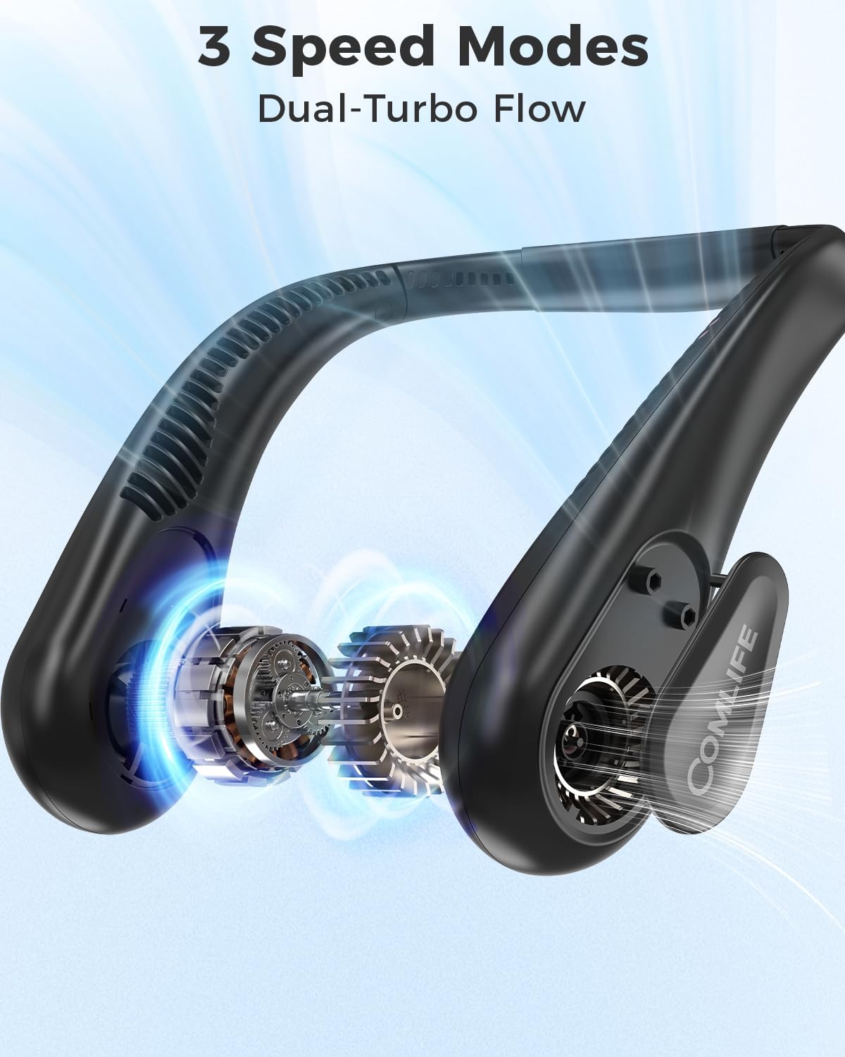 Bladeless Neck Fan, 5000mAh Rechargeable Battery Powered, 3 Speeds, Angle Adjustable, Hand-free Portable Neck Fan for Both Outdoor & Indoor Use, UL Certified, Black