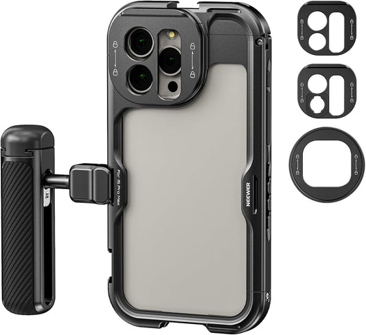 NEEWER 15 Pro Cage [2nd Gen], Video Rig Phone Stabilizer with Quick Release Side Handle, 67mm Filter Adapter, 17mm Lens Backplate, T Mount Lens Adapter Compatible with Moment, PA043+PA045B