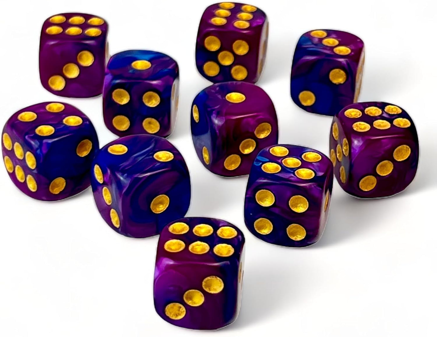 Luck Lab 10 Piece D6 Dice Pack - Acrylic Dice for RPG MTG DND Dice Table Games and Board Games (Blue and Purple Swirl with Gold Pips)