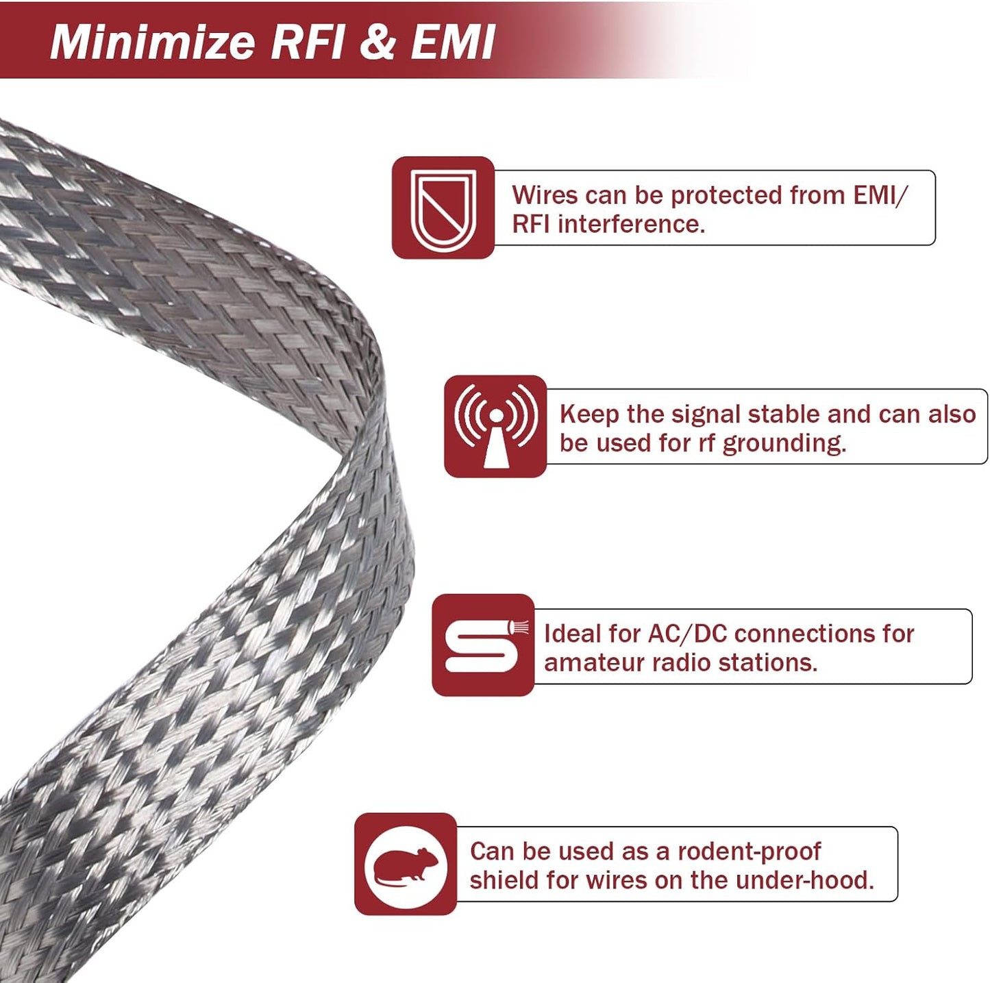 Tinned Copper Metal Braid Sleeving Wire Shielding Sleeve Braided Copper Ground Straps EMI/RFI Interference Expandable Flat Mesh Shielding Cable for Protect Wire (5/16inch-22ft)
