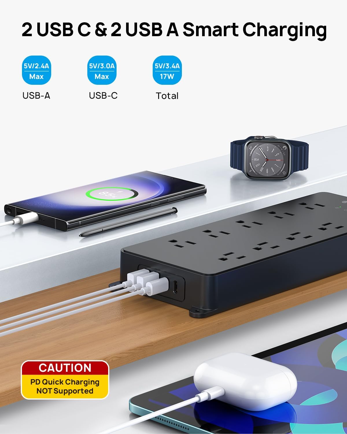 TROND Surge Protector Power Strip 10ft, 360° Rotating Flat Plug, 4000J, ETL Listed, 10 Widely Spaced Outlets, 2 USB A and 2 USB C, Wall Mountable, for Home Office Entertainment, Black