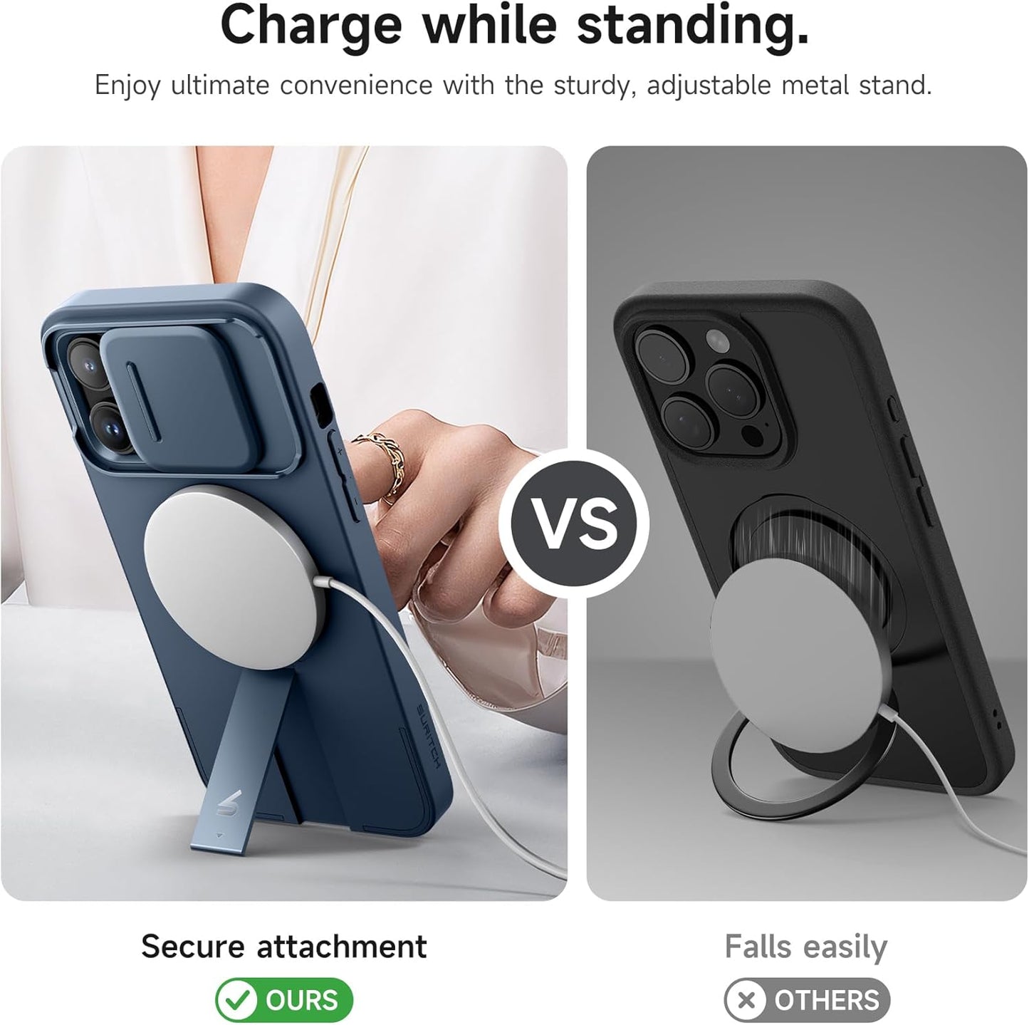 SURITCH for iPhone 14 Pro Max Case with Magnetic Camera Slide Cover and Adjustable Kickstand, Compatible with MagSafe, Shockproof Bumper Case Slim Protective Cover 6.7 Inch, Blue