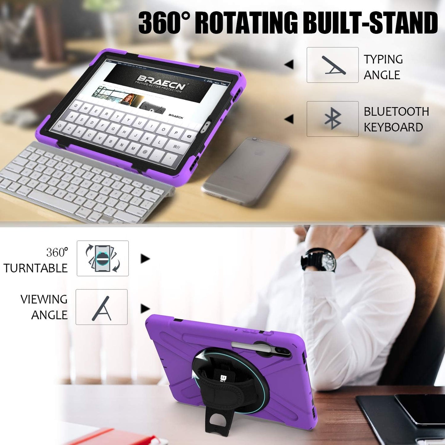 BRAECN Case for Galaxy Tab S6 10.5 2019,Hybrid Heavy Duty Shockproof Case with [Pen Holder][Handle Grip Strap][Rotating Stand][Shoulder Strap]for Galaxy Tab S6 10.5 inch SM-T860/T865/T867 2019-Purple