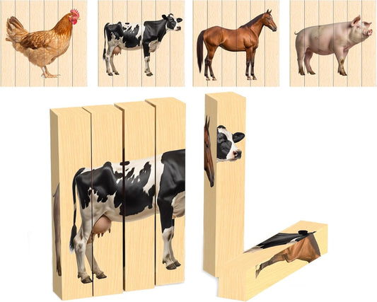Wooden Animal Chunky Puzzles for Toddlers 2+ Years - Montessori 4 in 1 Farm Animal Block Puzzle Toy