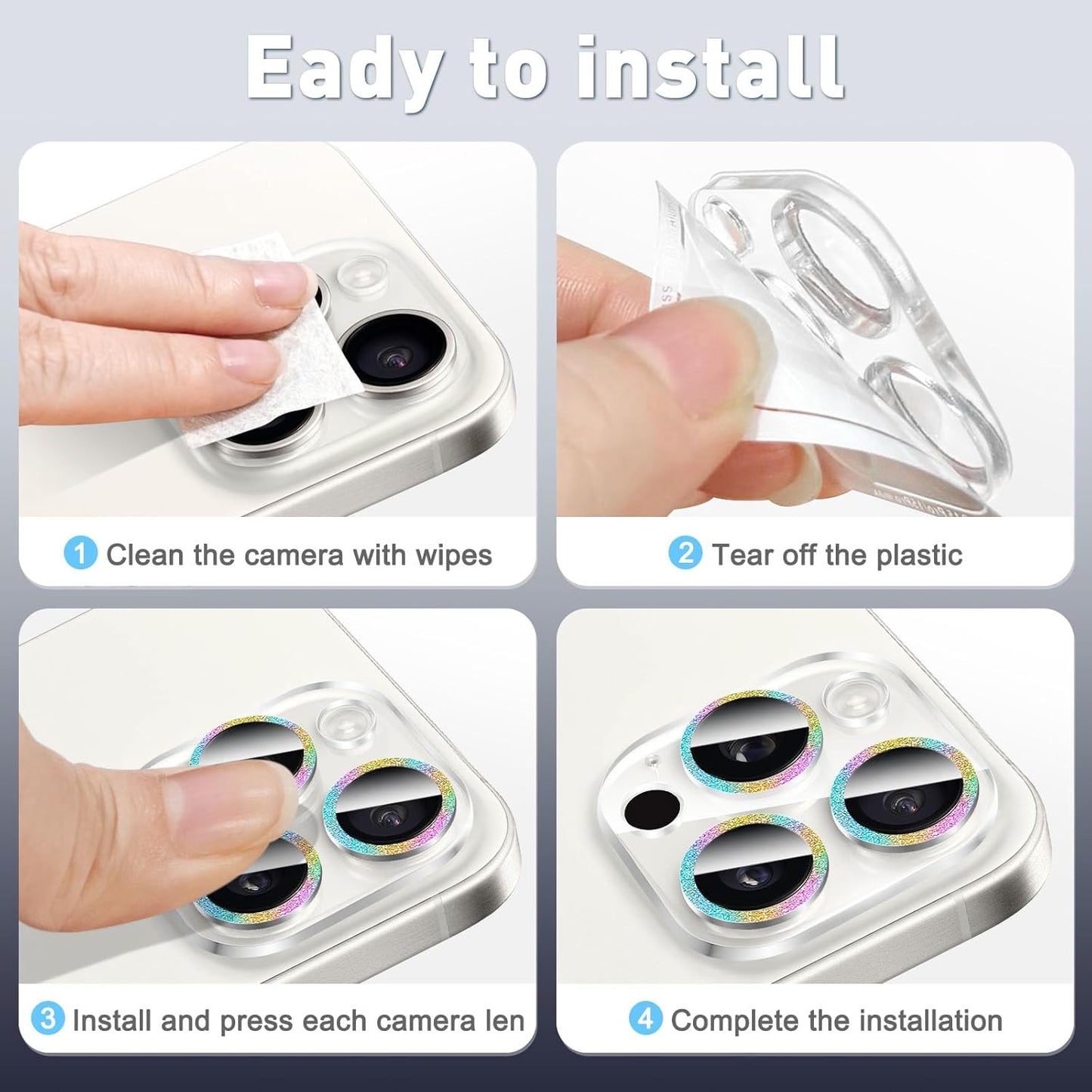 LucBuy 3PCS Sparkling Camera Lens Protector for iPhone 13 Pro/iPhone 13 Pro Max, Full Clear Acrylic Cover with Shiny Colorful Glitter Designed Decoration Back Camera Protector