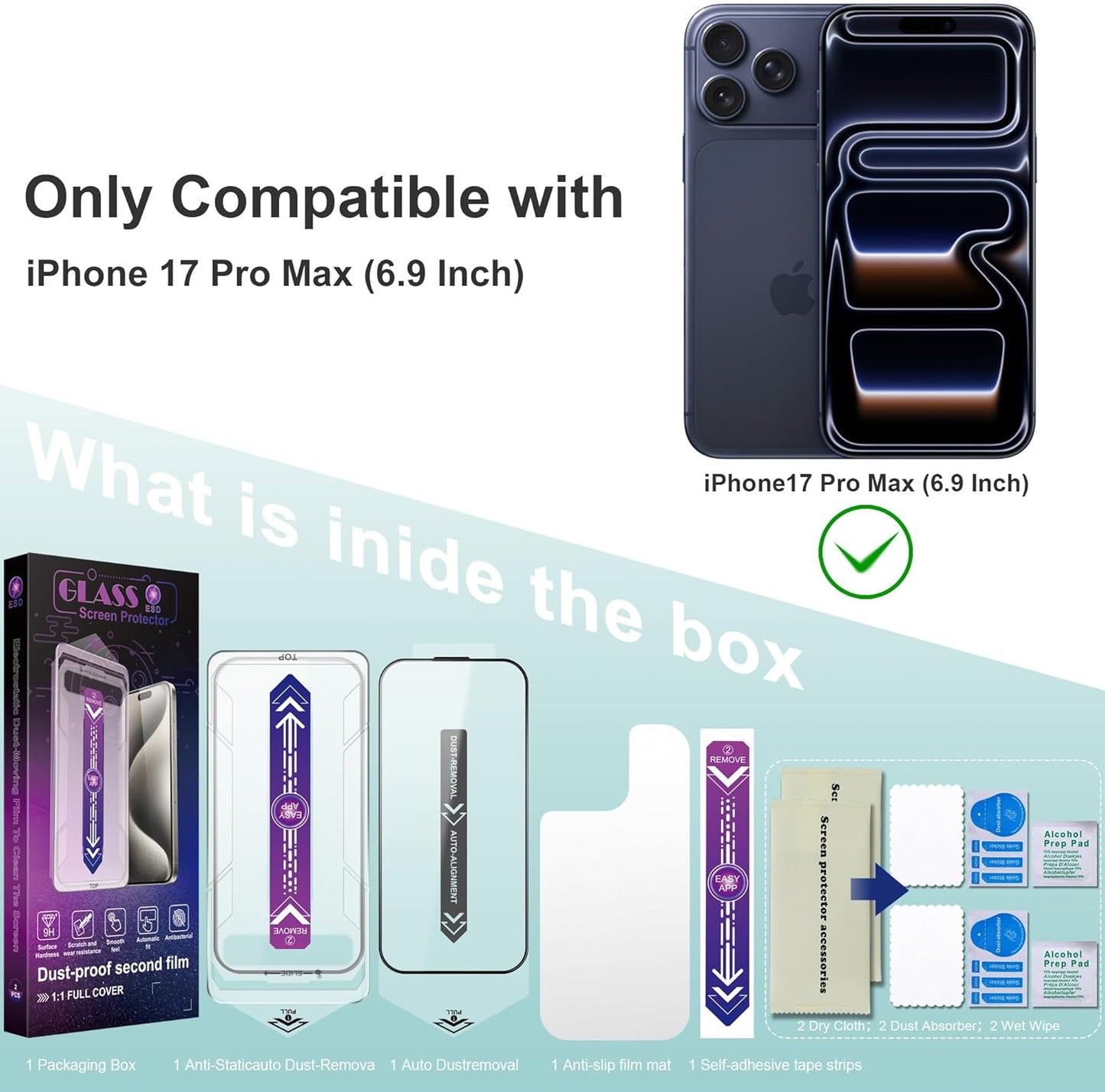 Screen Protector for iPhone 17 Pro Max 6.9-Inch, 2 Pack, 9H Tempered Glass, HD Clear, Full Cover, Anti-Fingerprint, Easy Installation