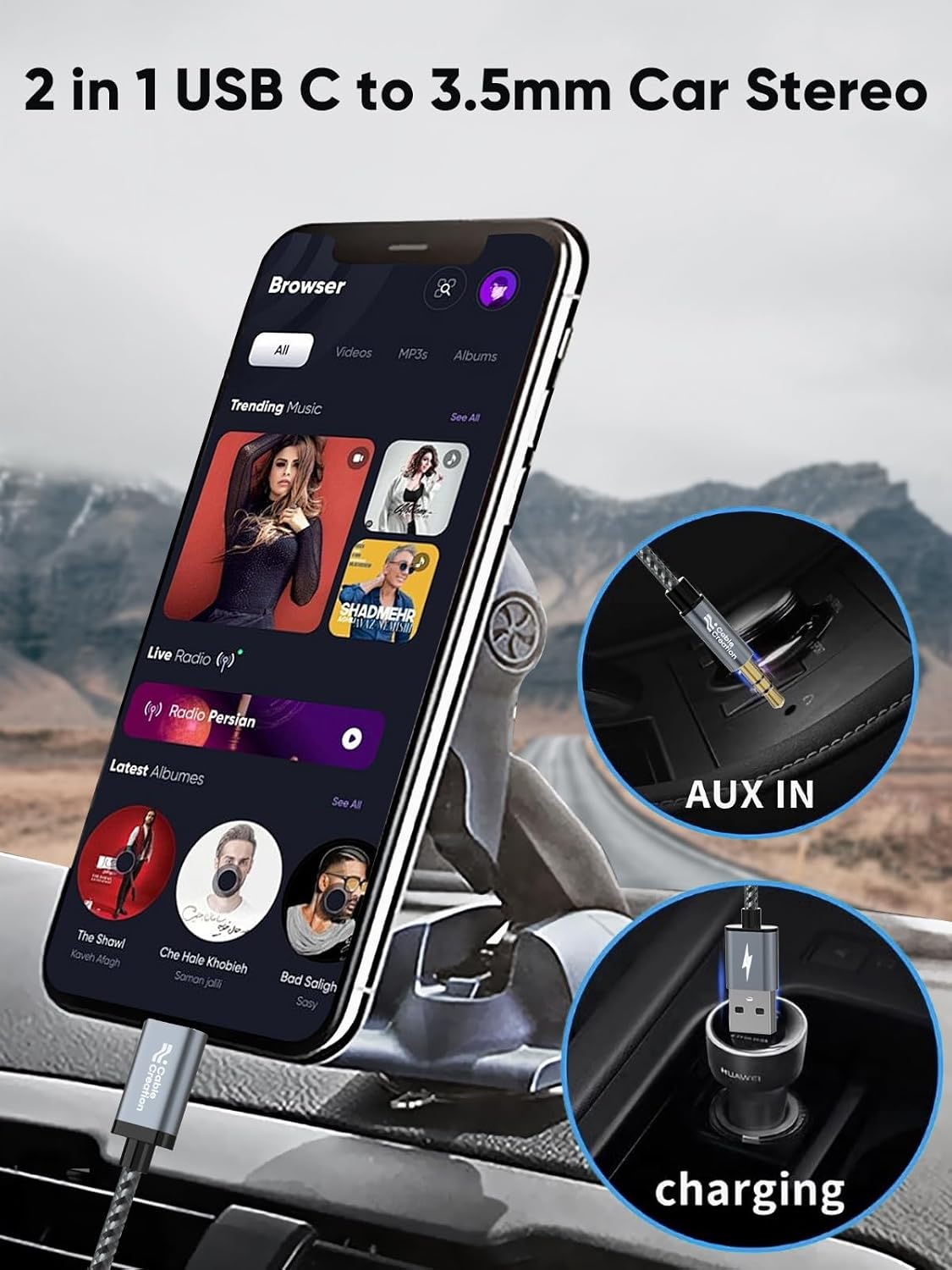 CableCreation USB C to 3.5mm Audio Cable with USB Charging Cable, Car Aux Cable, Type C to Aux Jack Headphone Car Stereo with 18W Charge for iPhone 16 15 Pro Max Plus, Galaxy S24/S23+, Pixel 9/8/7+