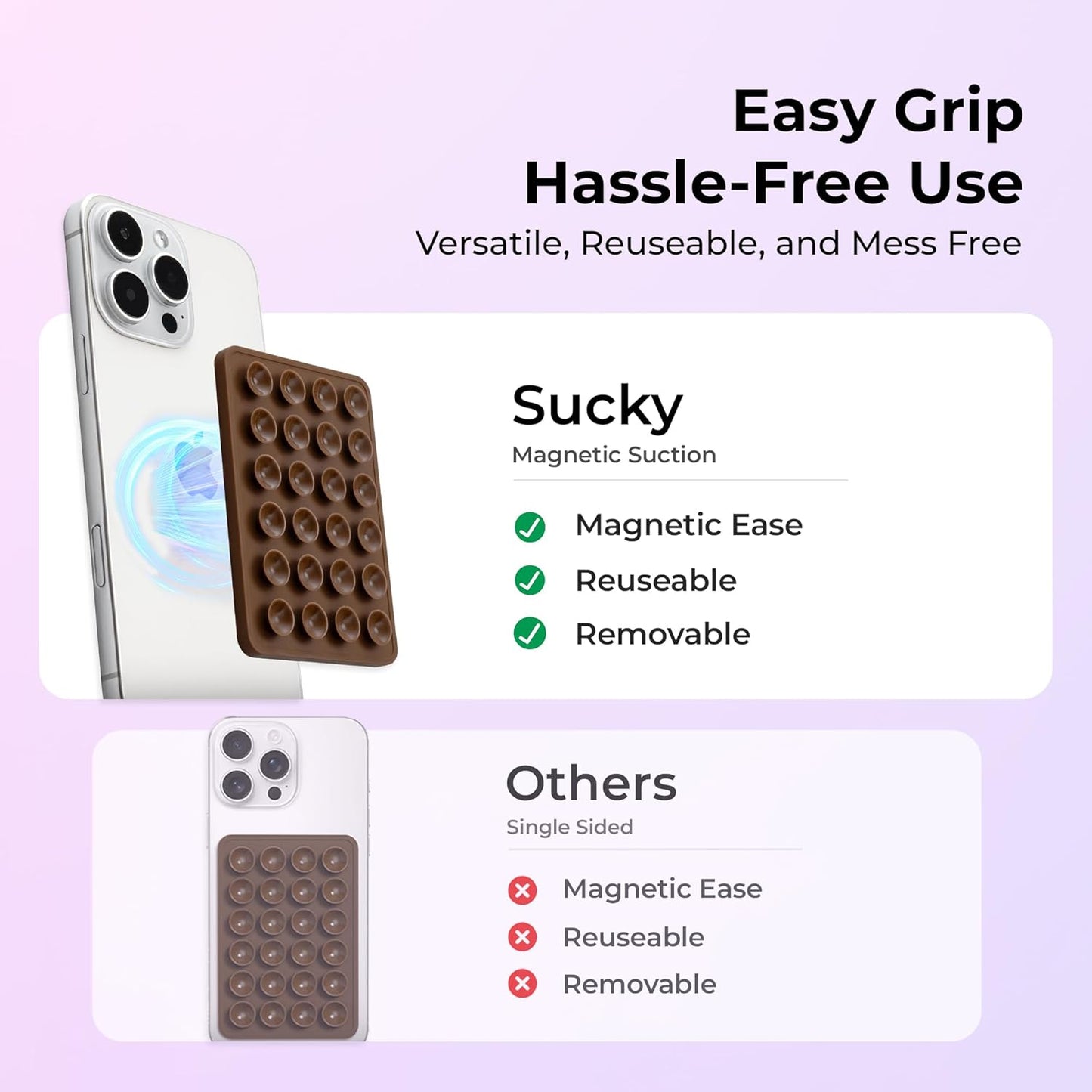 Sucky Upgraded Magnetic Suction Cell Phone Grip for MagSafe Case, Silicone Octo Cup Buddy Holder, Durable Magnet Phone Accessory for iPhone and Android (Pearl White)