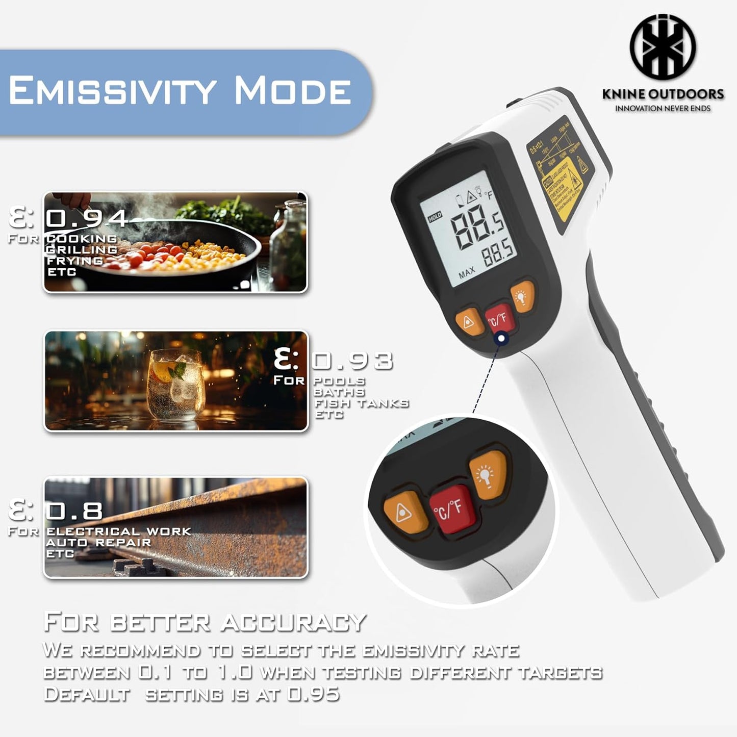 KNINE OUTDOORS Infrared Thermometer Laser Temperature Gun, -58℉ to 1112℉, Single Laser Targeting, Distance to Spot Ratio 12:1, for Cooking, Oven and Meat (White)