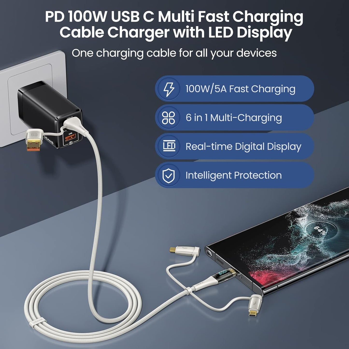 USB C to Multi Charging Cable, USAMS 100W 4FT 5A Type C to Type C Fast Charger Charging Cord with LED Display 5-in-1 C/A to C/Micro/IP Sync Charger Adapter Compatible for Laptop/Tablet/Phone