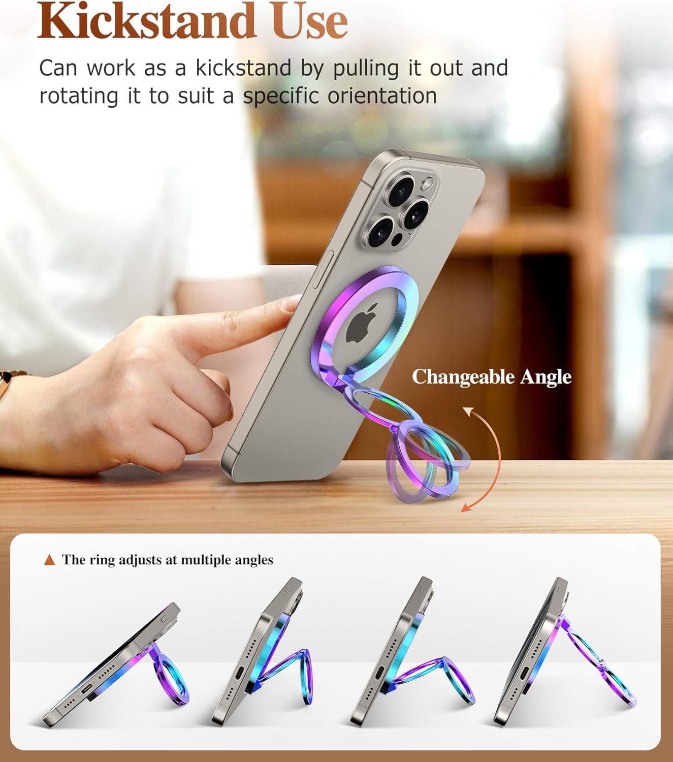 GVIEWIN Magnetic Phone Ring Holder, Compatible with MagSafe Phone Grip with Adjustable Stand, Magnet Phone Ring Kickstand for iPhone 16 Pro Max/Plus/15/14/13/12 Series/Other Phones (Colorful)
