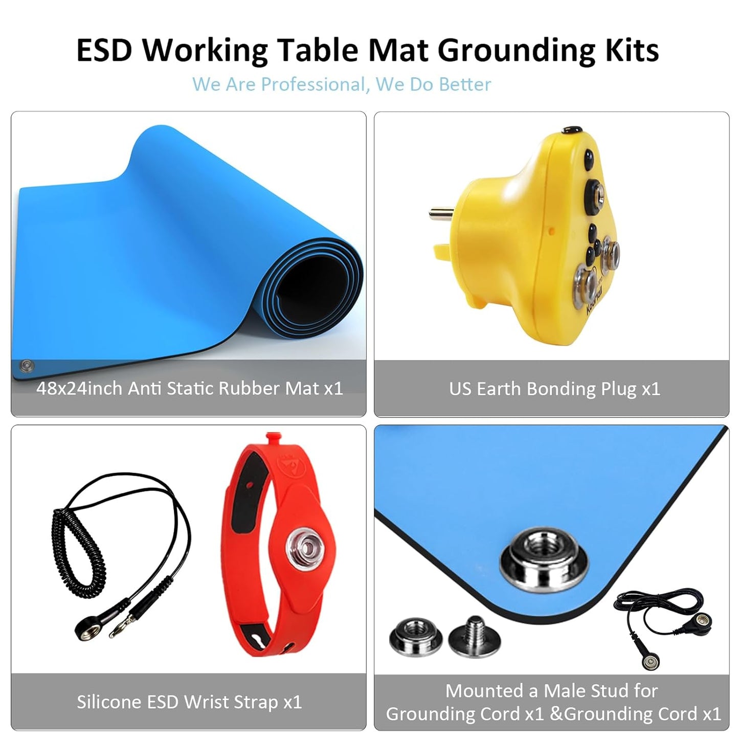 KooMall 48 x 24 Inch ESD Rubber Mat Kits, Anti Static Table Floor Pad for Electronic Device Repair Solder Assembly PC Building, W/H Grounding Kit- Antistatic Wrist Straps Bracelets Cord Plugs, Blue
