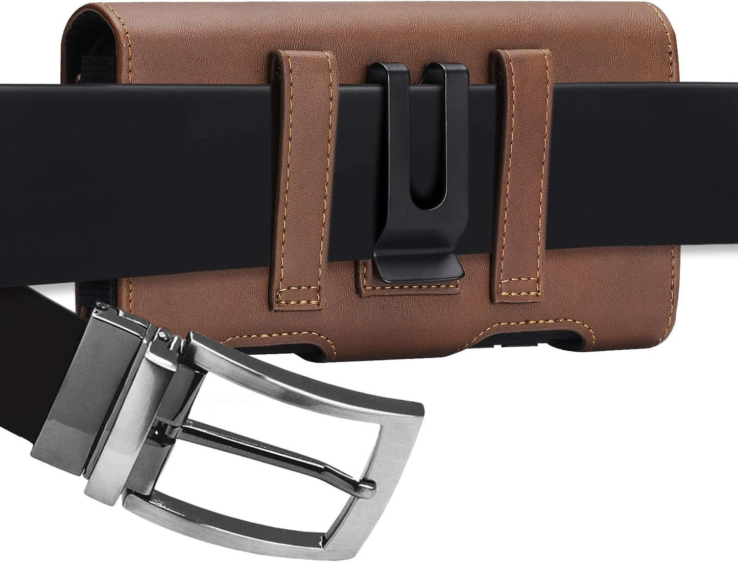 BECPLT for iPhone 17 Pro Max 16/15/14/13/12/11 Plus Holster Case Belt Clip Case Leather Holster Pouch with Card Holder for Galaxy S25+ S24/S23/S22/S21 Plus Brown