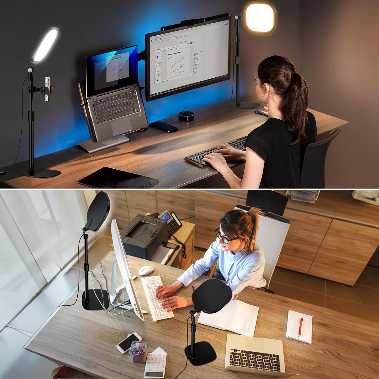2 Packs Video Conference Lights for Zoom Meeting, Podcast Lighting Kit for Working from Home Office, Desktop Video Light with Stand and Phone Holder CRI 97.8