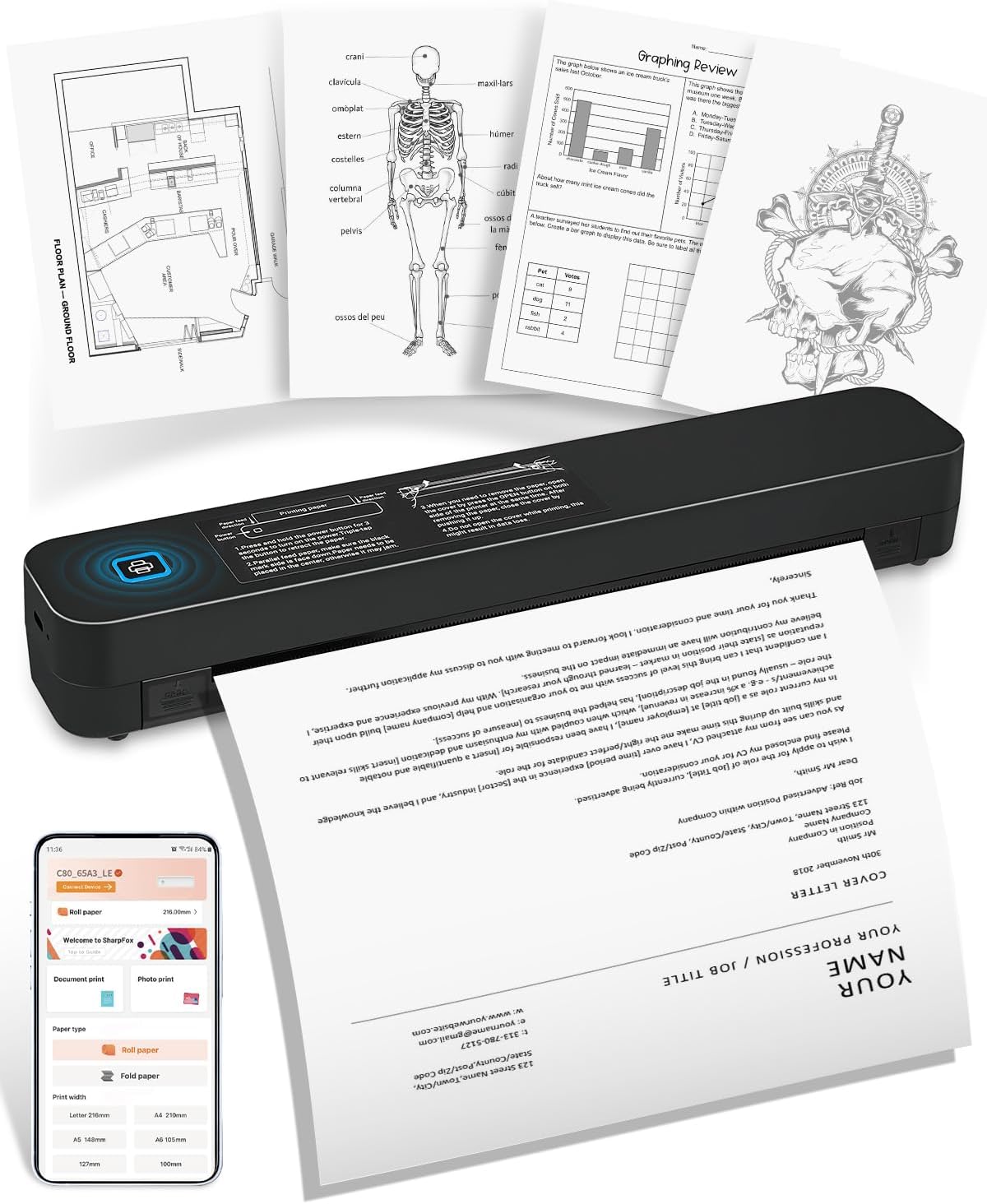 Saker Wireless Thermal Mobile Printer - Inkless, Portable Printer, Supports 8.5" X 11" US Letter & A4 Size, Compatible with Phone & Laptop - Ideal for Home, Car, Office & Travel