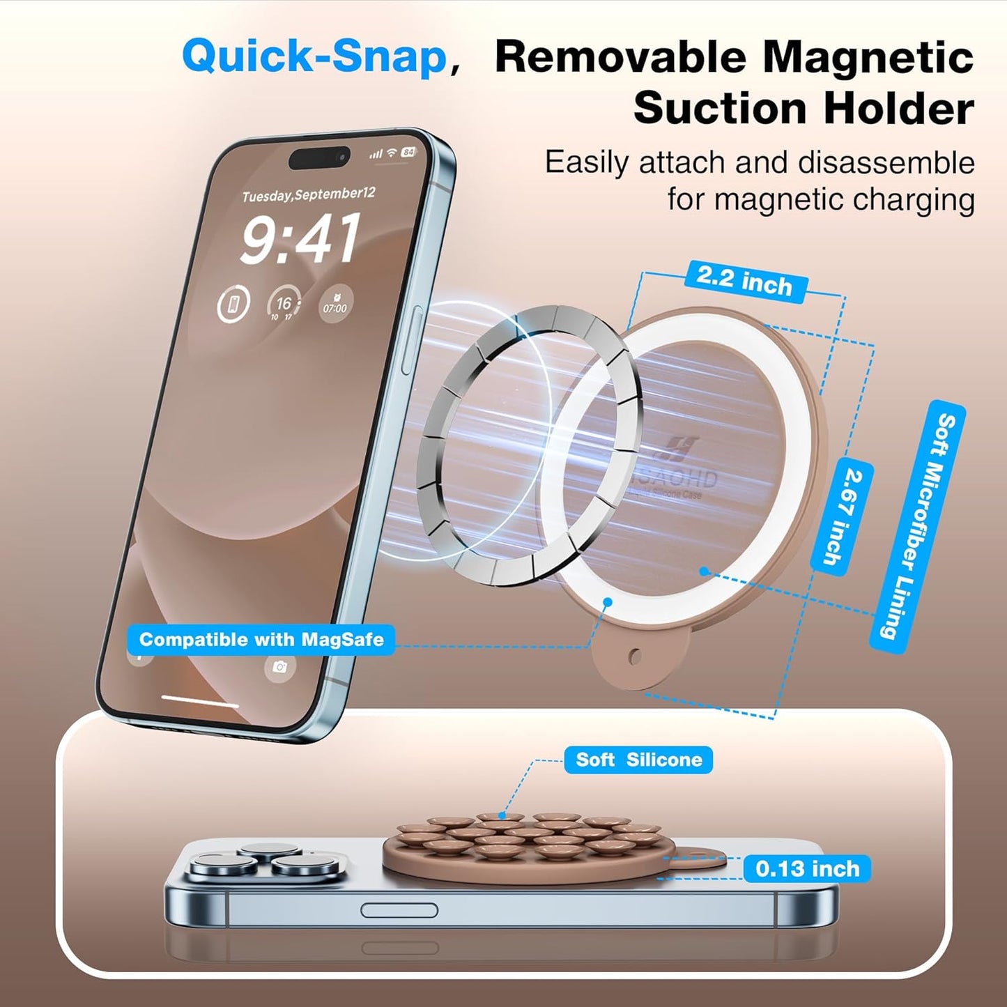 Magnetic Suction Cup Phone Mount for MagSafe Case, Silicone Hands-Free Phone Grip Holder for iPhone and Android, Mirror Shower Phone Stand for Makeup FaceTime Gym Kitchen Bathroom, Light Brown
