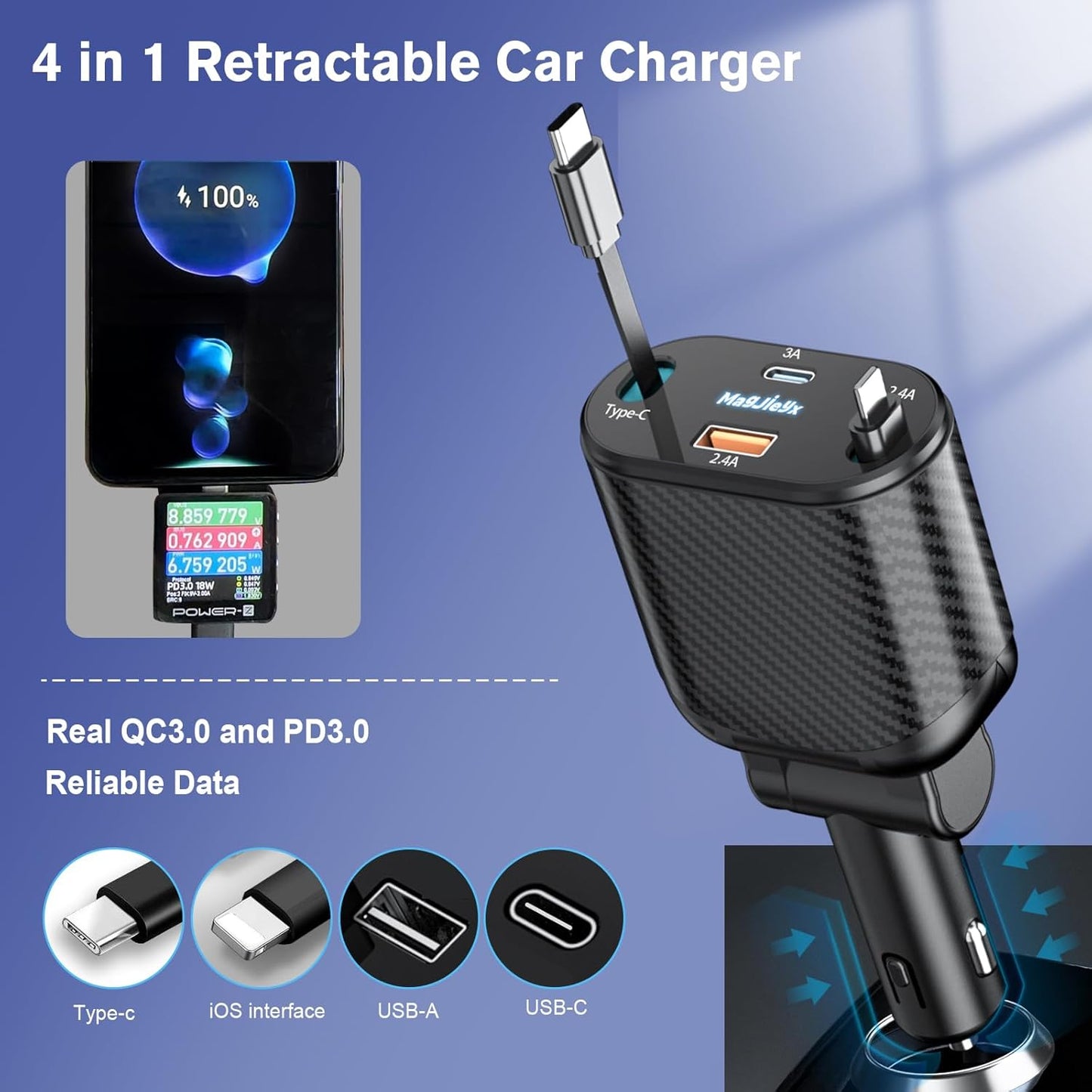 Retractable Car Charger 4 in 1 Fast Charging Adapter Magjieyx 62W Retractable Type-C/USB-i Cables and USB C/USB A QC & PD Devices for iPhone 16/15/14/13/12Pro Max Plus,iPad,AirPods, Galaxy