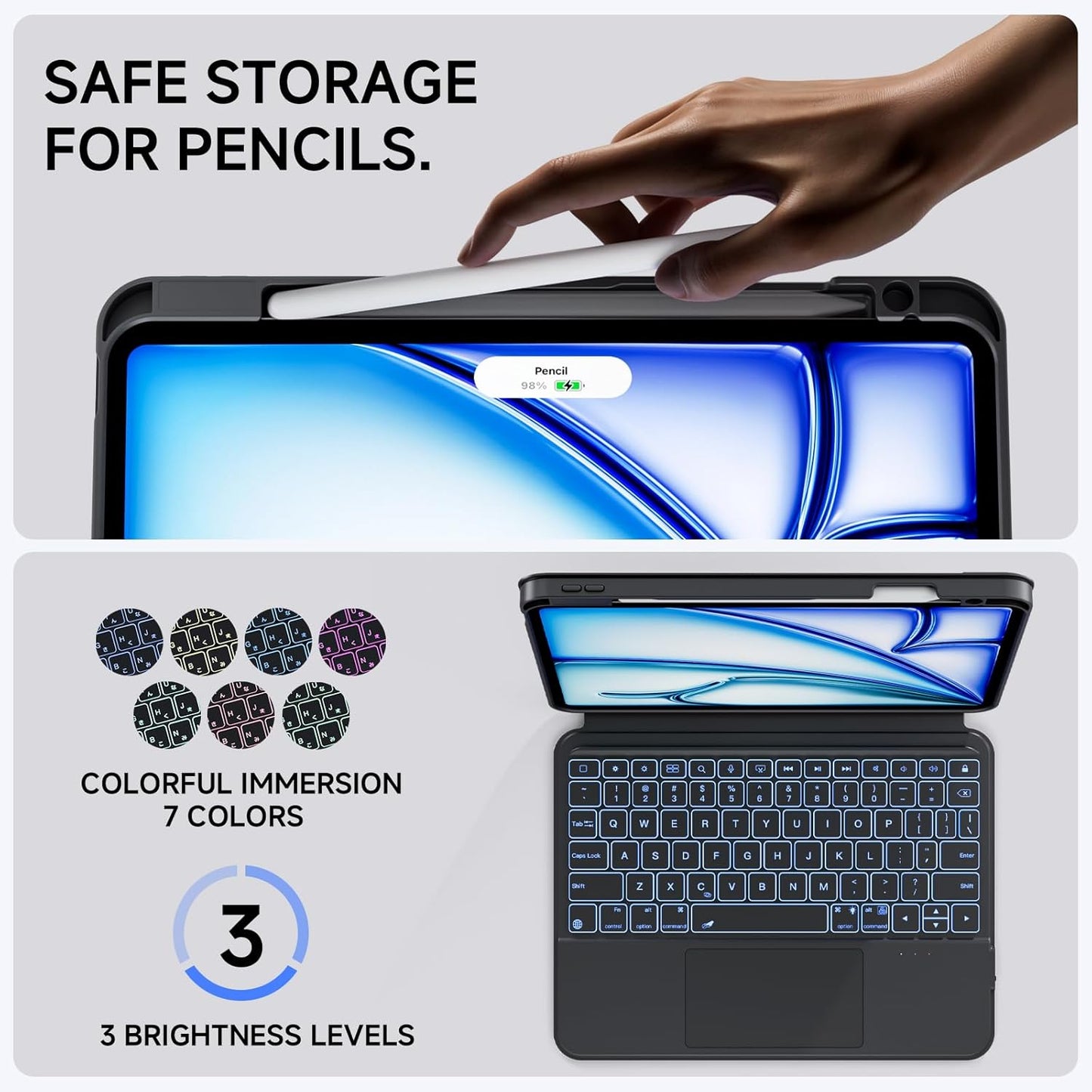 ONLY fit for 2024 M4 iPad Pro 11 inch Case with Keyboard Detachable Magic Keyboard Trackpad, 360 Rotating Cover with Pencil Holder Multi Angle Stand, 12 Shortcut Key, 7 Color Backlit, Black